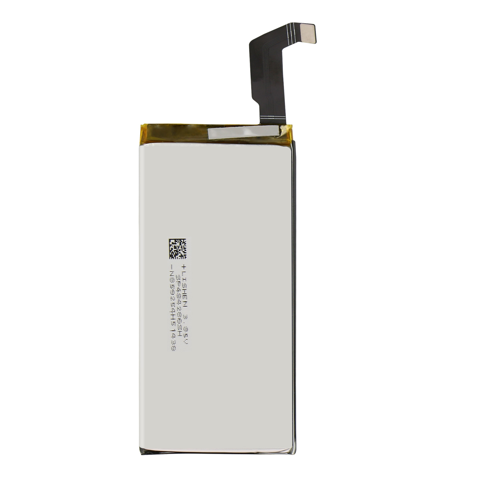 Une batterie de téléphone rectangulaire avec un connecteur noir sur fond blanc.