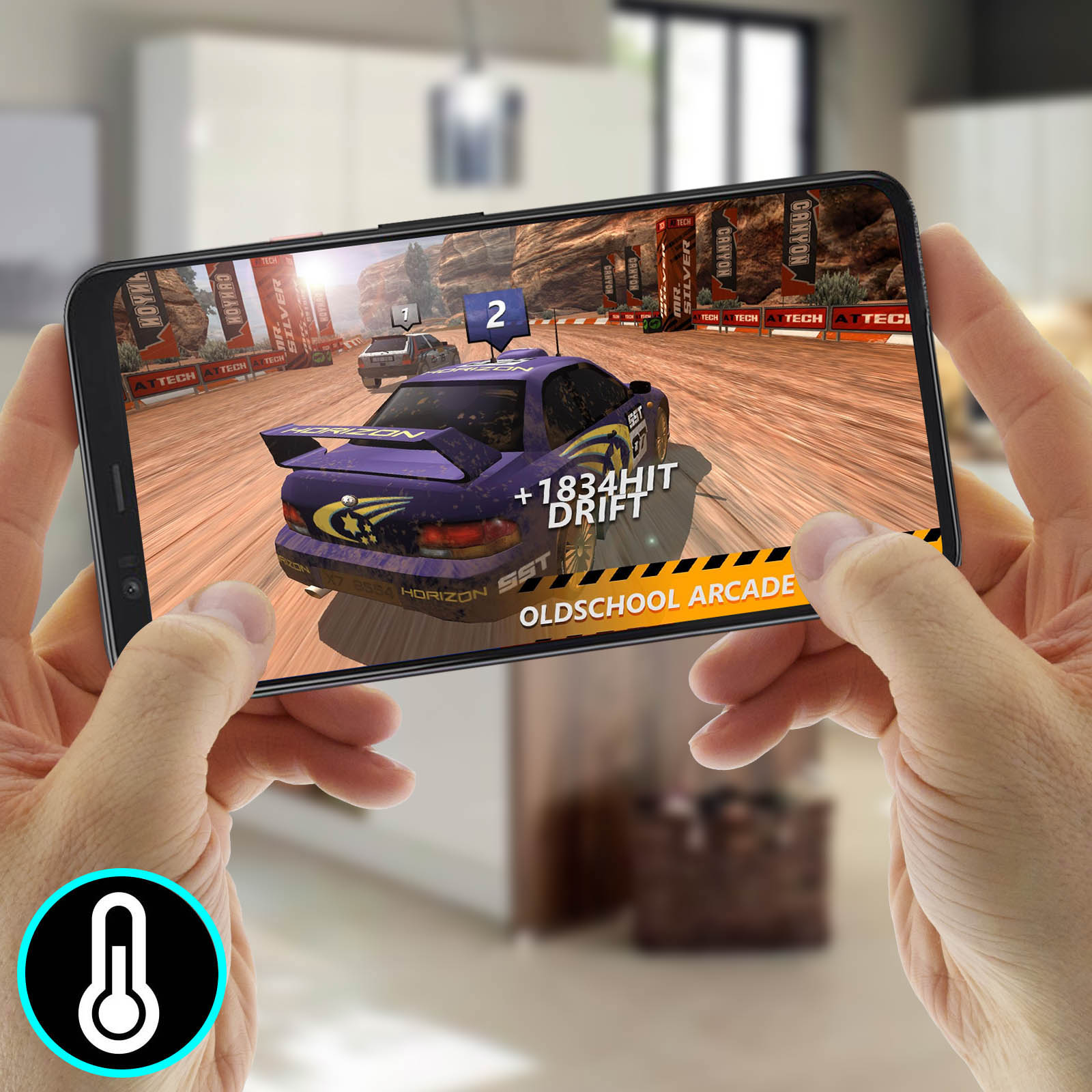 Une personne tenant un téléphone affichant un jeu de course, avec une voiture sur une piste de terre.