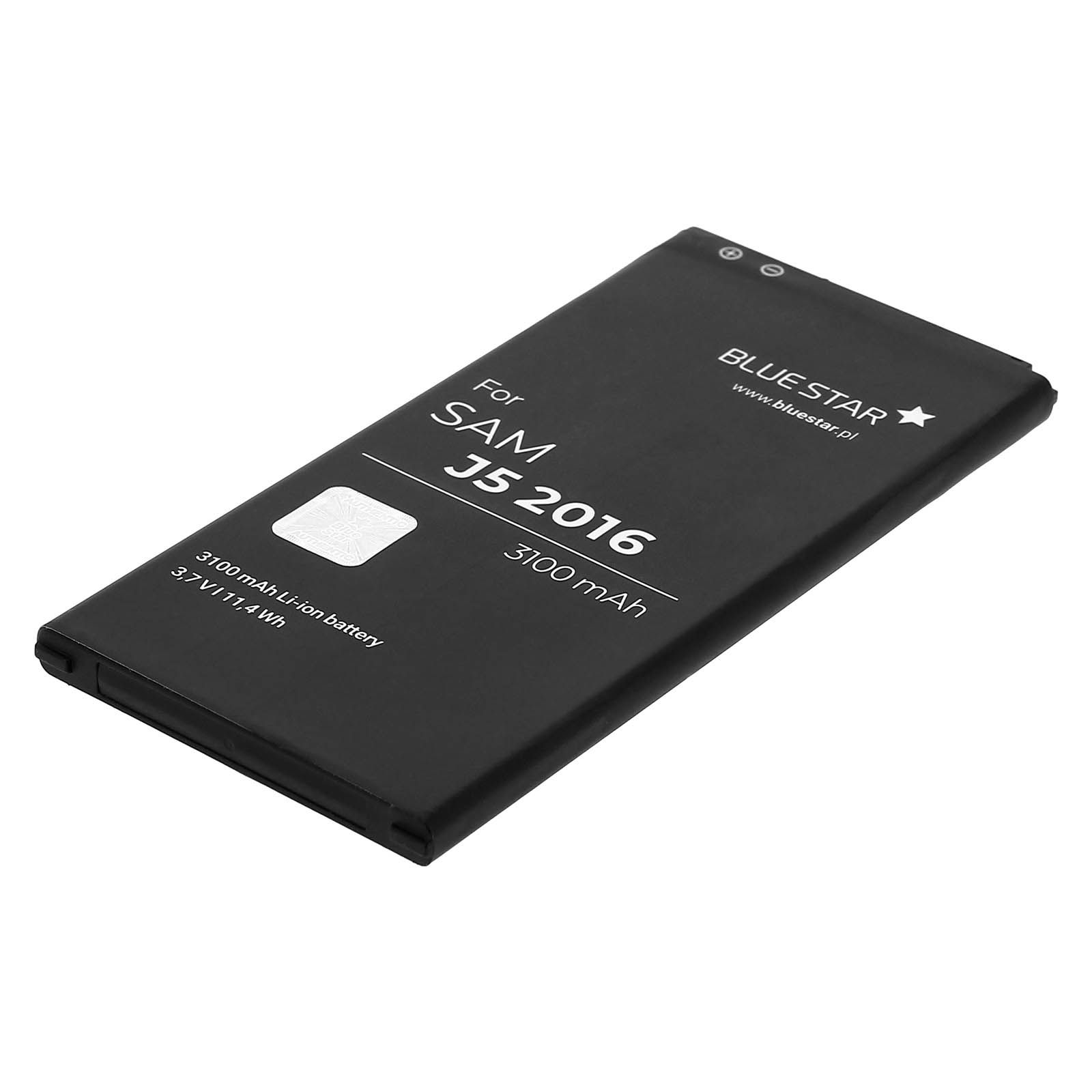 Schwarze Batterie mit Text und Informationen über den Batterietyp und den Hersteller.
