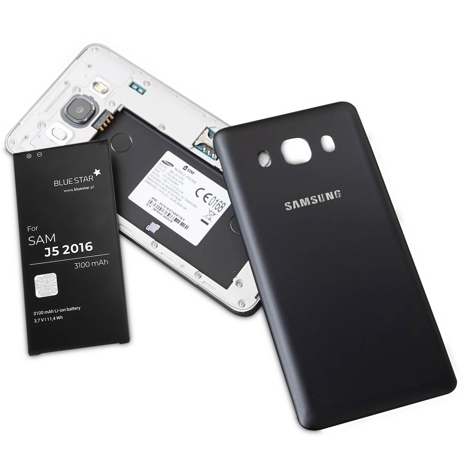 Diverse parti del telefono sono visibili, tra cui una batteria e la cover posteriore del telefono.