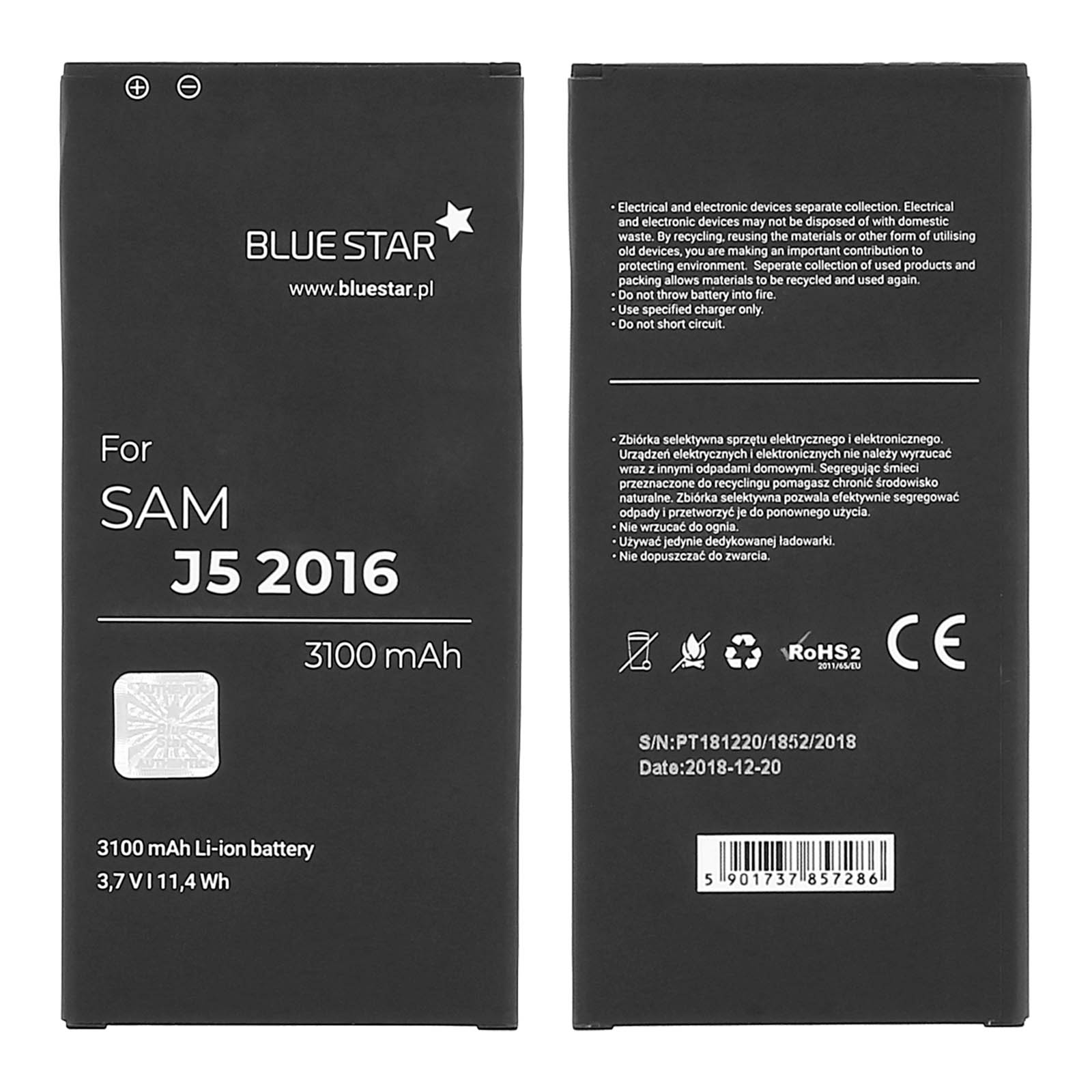 Schwarzer Telefonakku mit der Aufschrift 'For SAM J5 2016', mit Text und Logos.