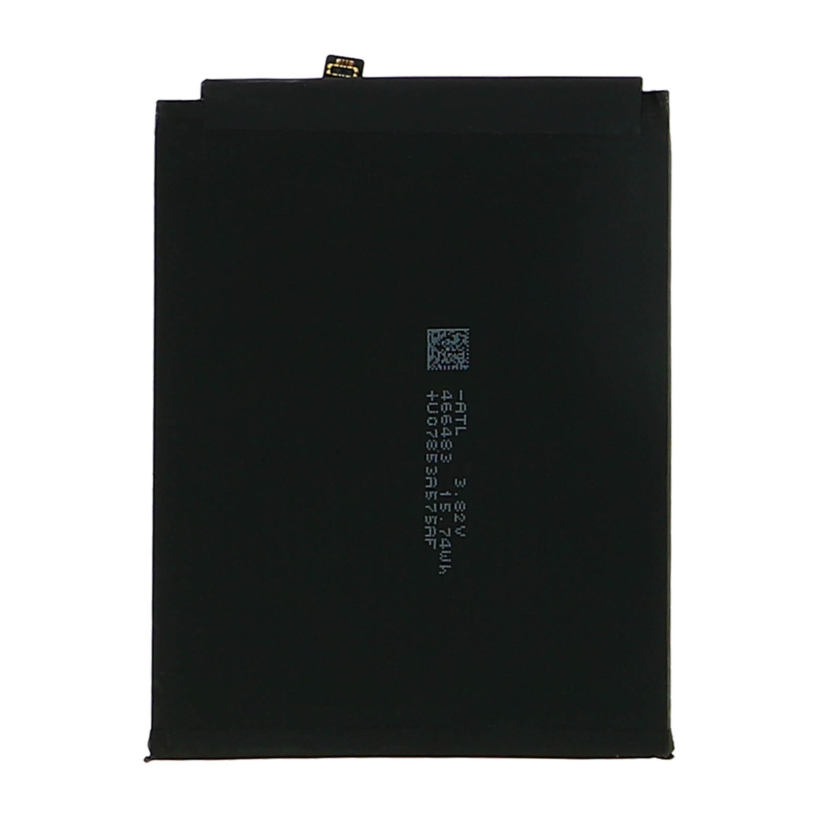 Batteria del telefono nera, scritte e simboli bianchi. Sfondo nero.