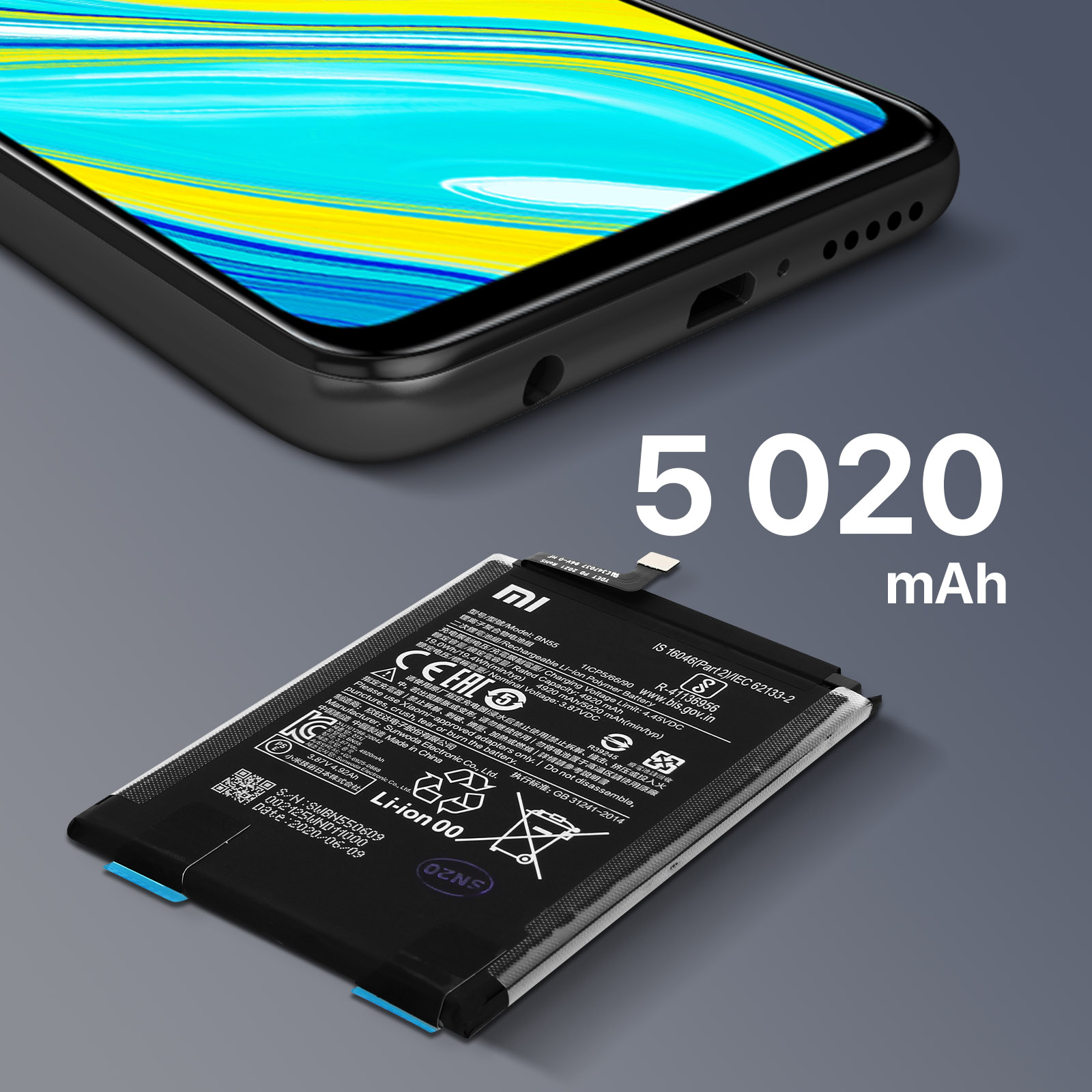 Viene mostrata una batteria del telefono. Si trova su uno sfondo nero con testo che mostra la capacità in mAh.
