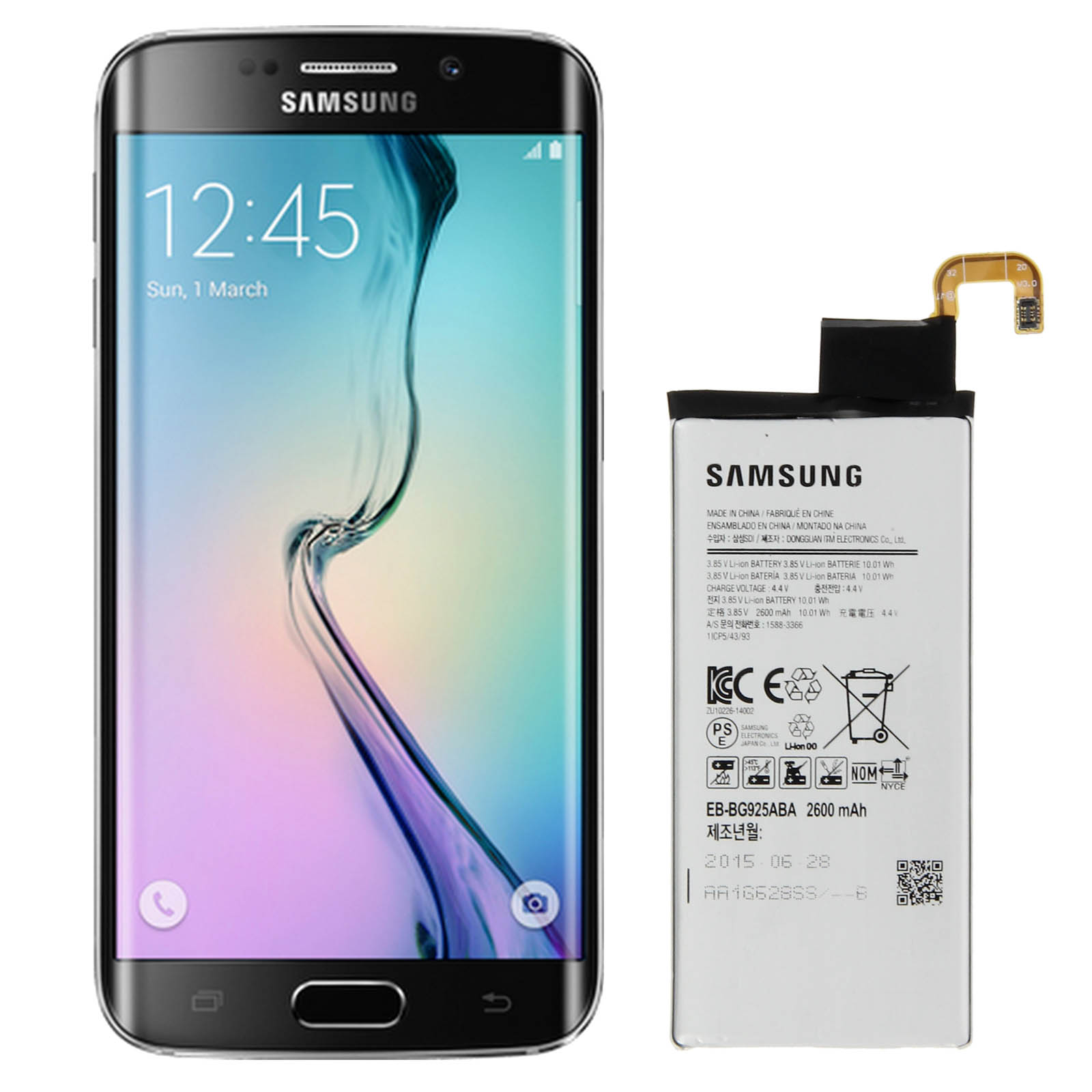 Samsung-Telefon und Akku nebeneinander. Telefon zeigt Zeit, Akku ist beschriftet.