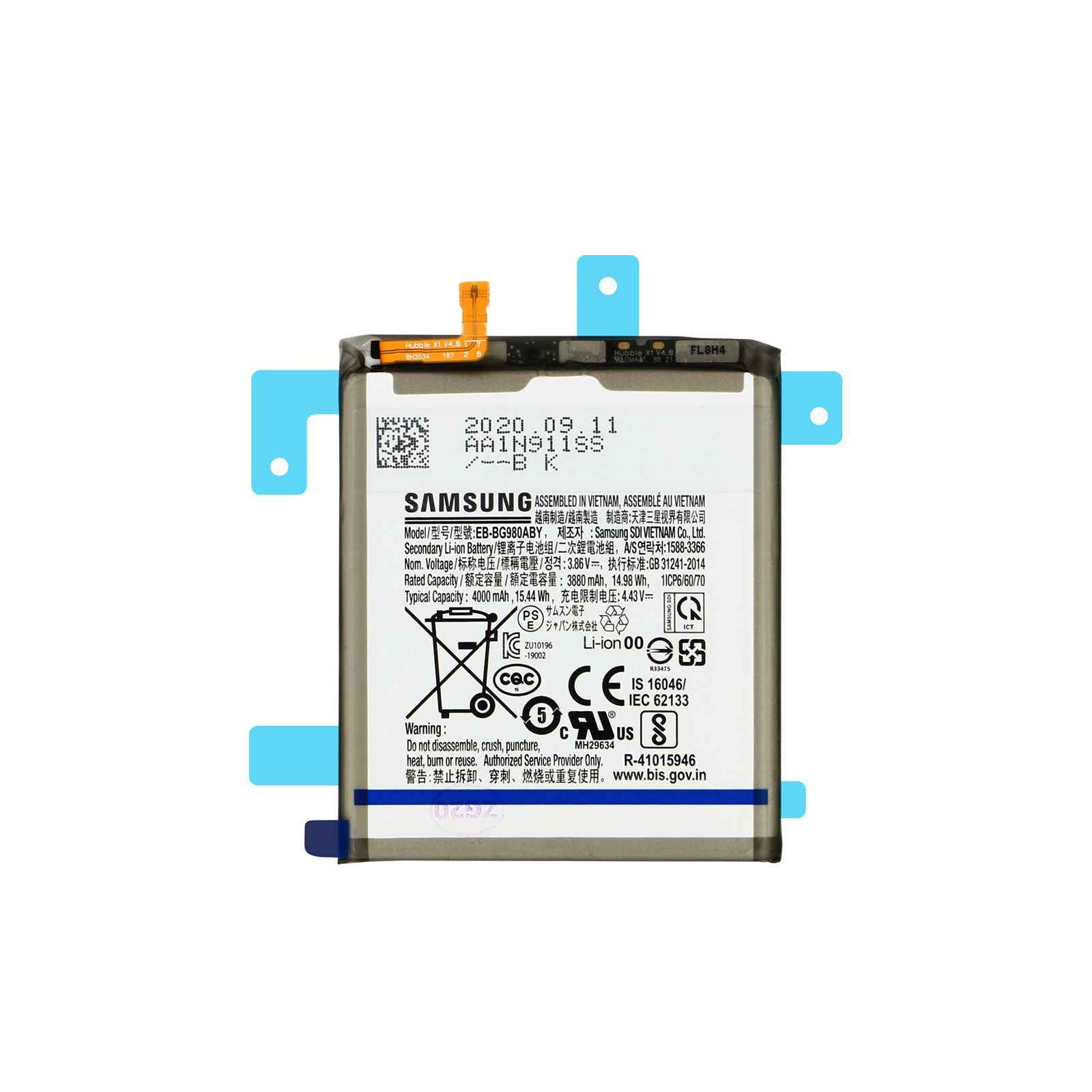 Una batteria del telefono con etichetta, circondata da contorni blu e neri. La batteria ha avvertenze di sicurezza.