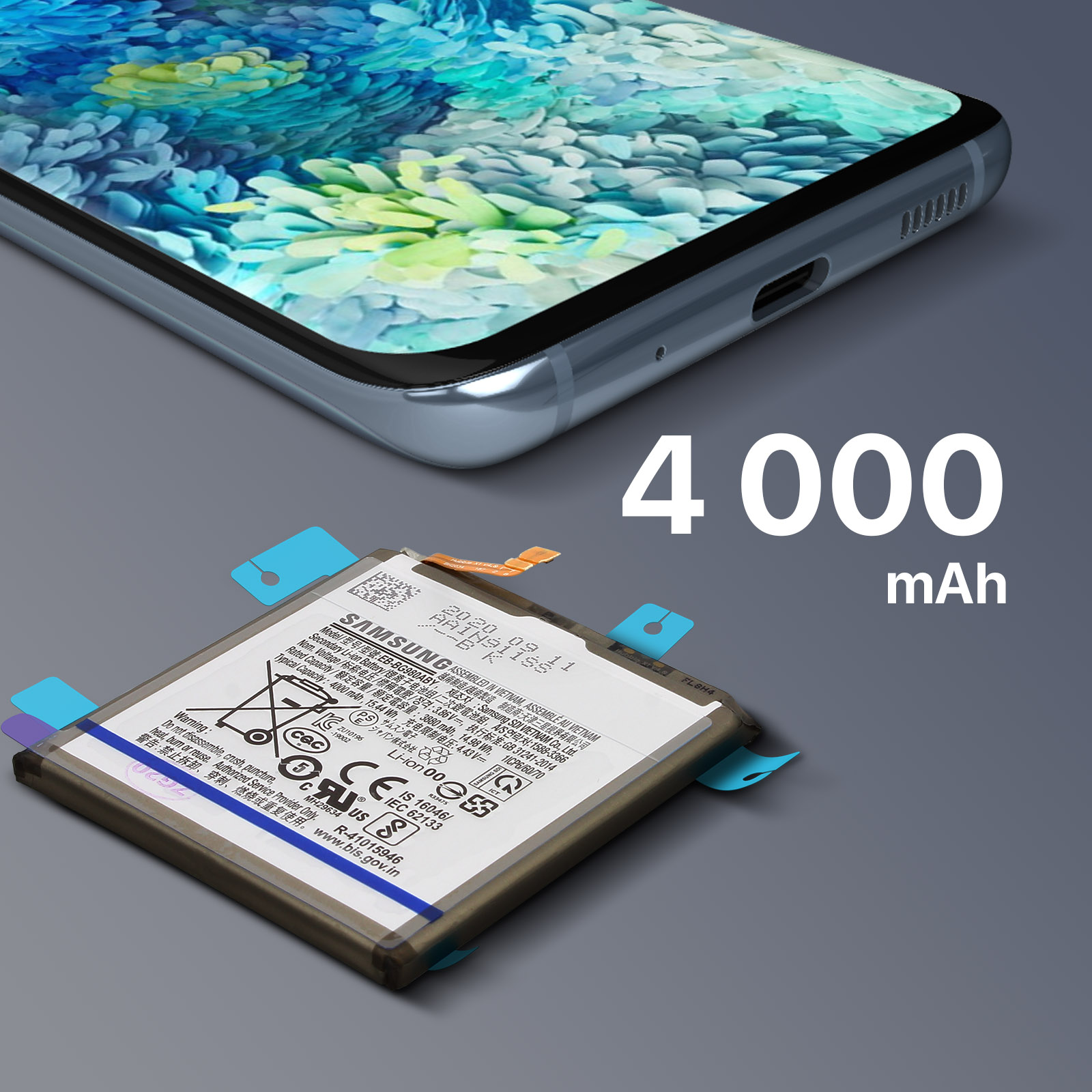 Telefono e batteria. Telefono Samsung sopra, batteria sotto. La batteria dice 4000 mAh.