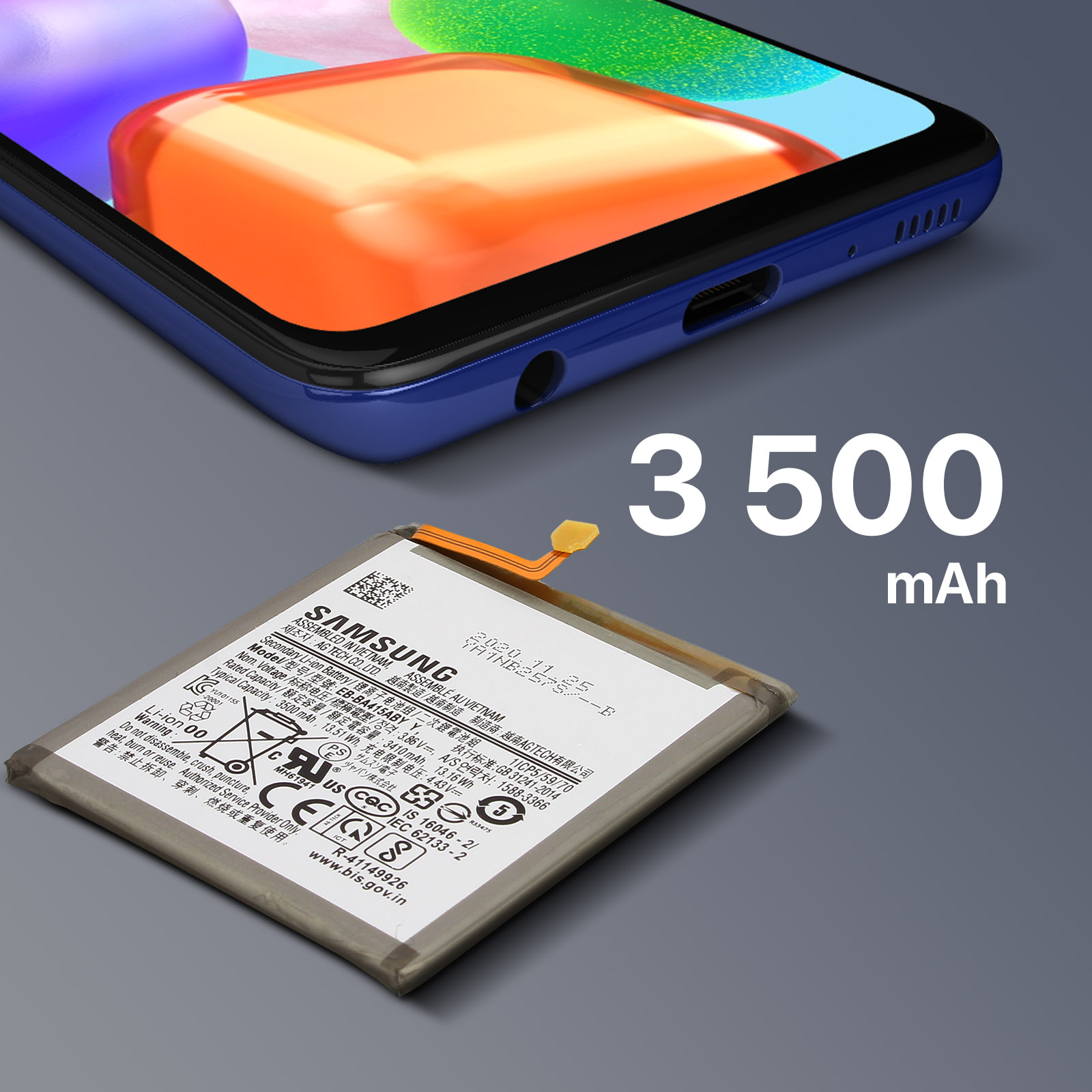 Batterie de téléphone portable de 3500 mAh. Le téléphone est bleu.