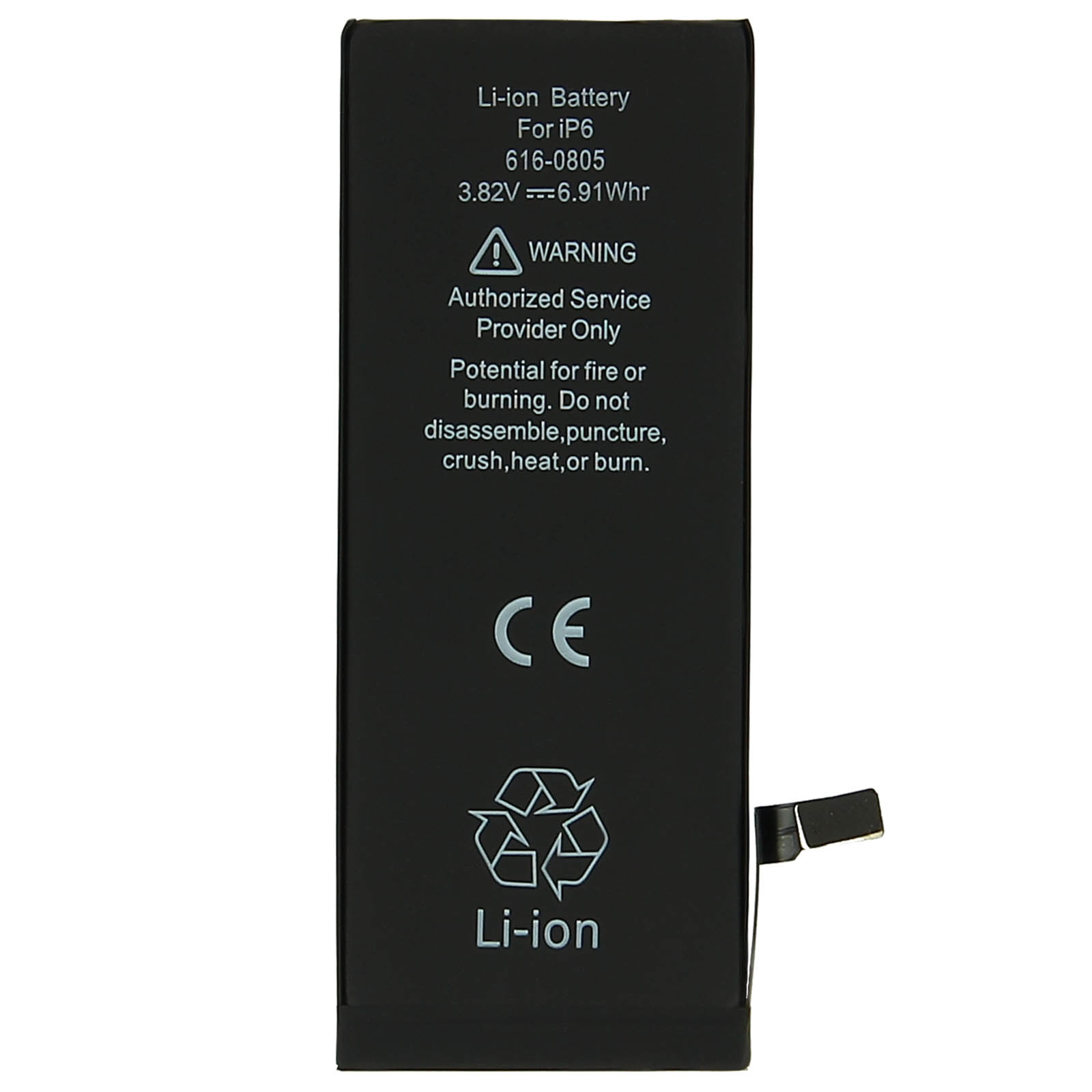 Una batteria agli ioni di litio nera con testo bianco e un simbolo di avvertimento.