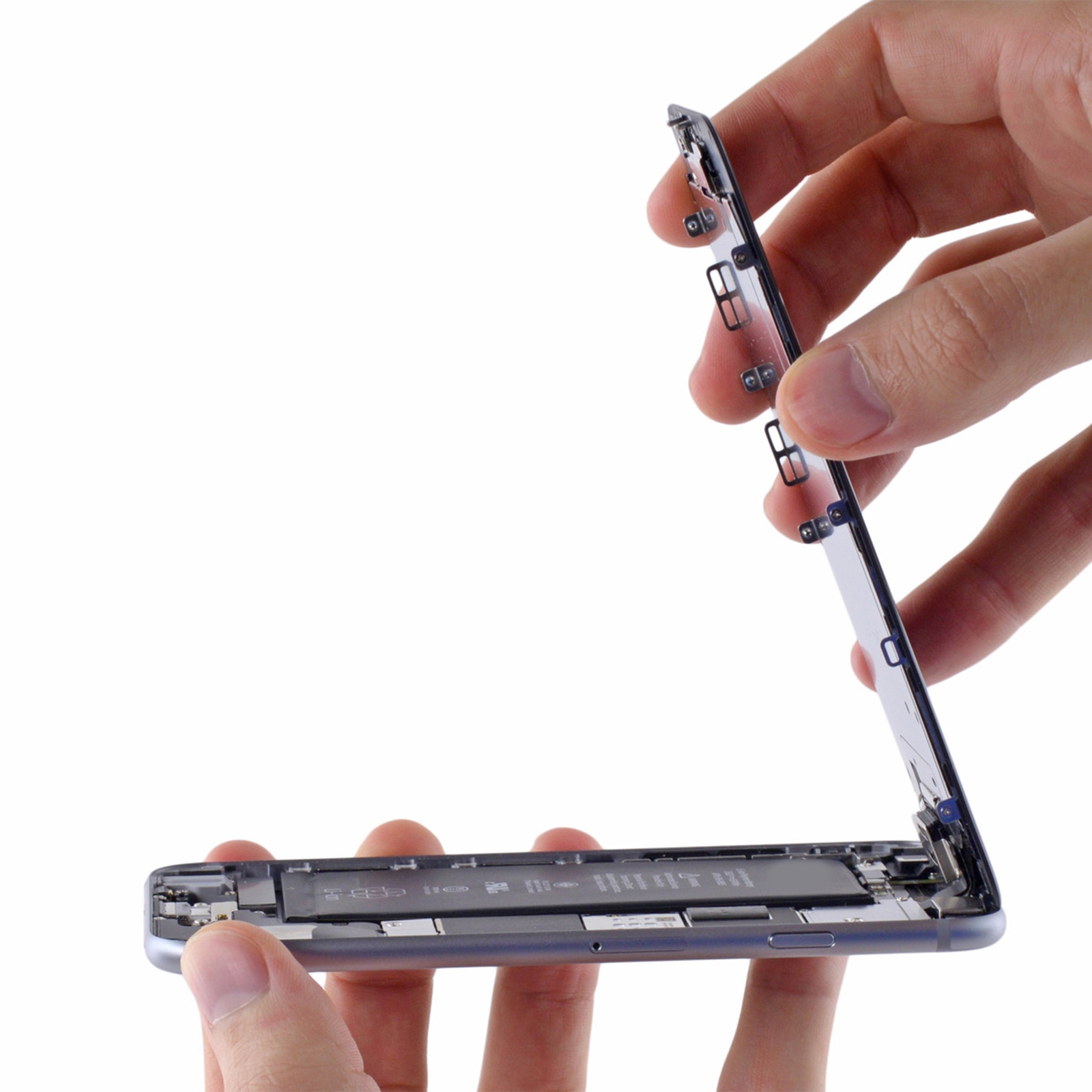 Mani che tengono il telaio del telefono aperto. Componenti e schermo visibili. Sfondo bianco.