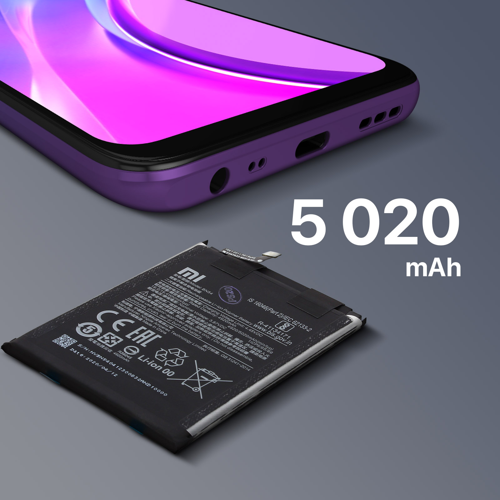 Un telefono e una batteria accanto. Sulla batteria è scritto 5020 mAh.
