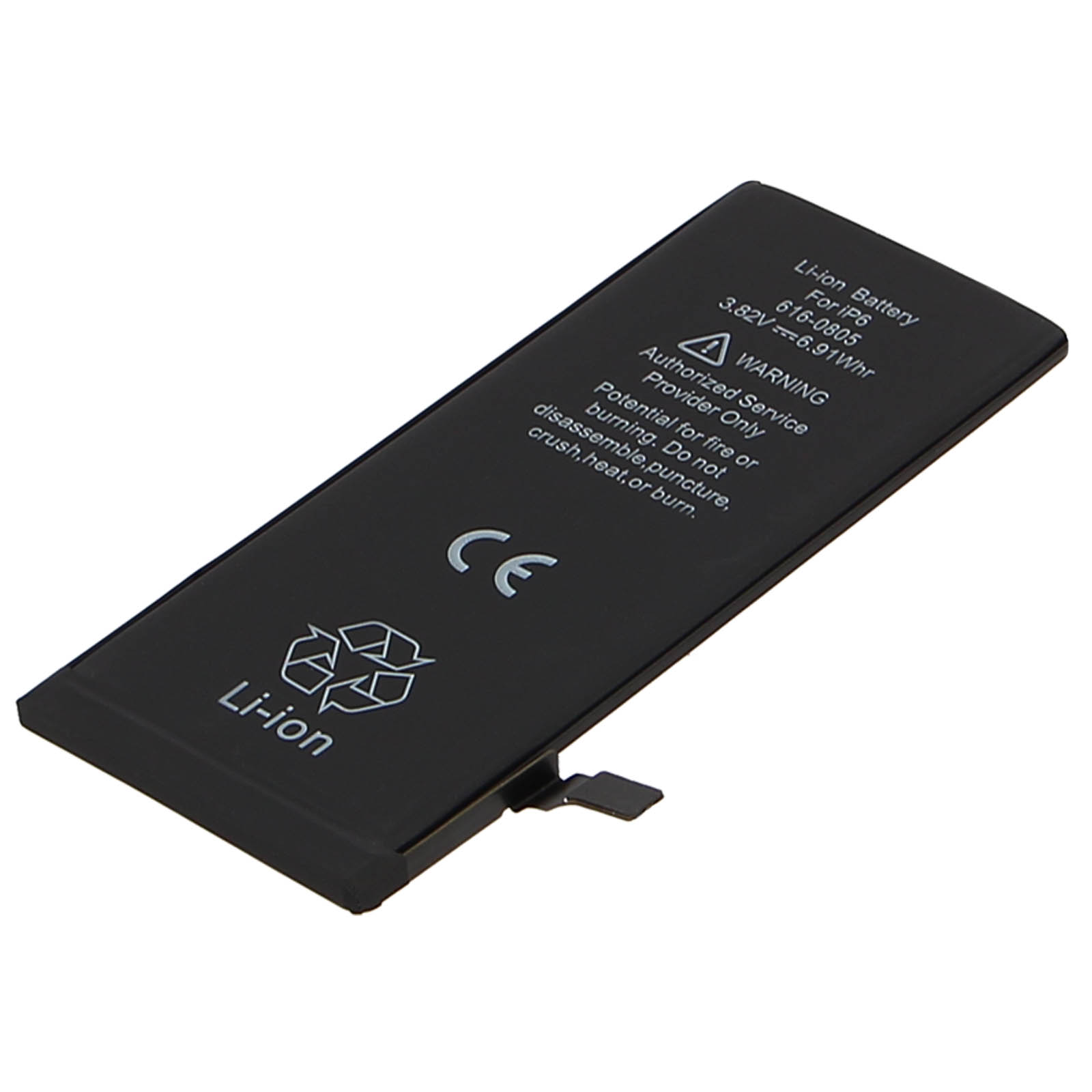 Batteria del telefono nera con testo ed etichetta di avvertenza. Il logo Li-ion è visibile.