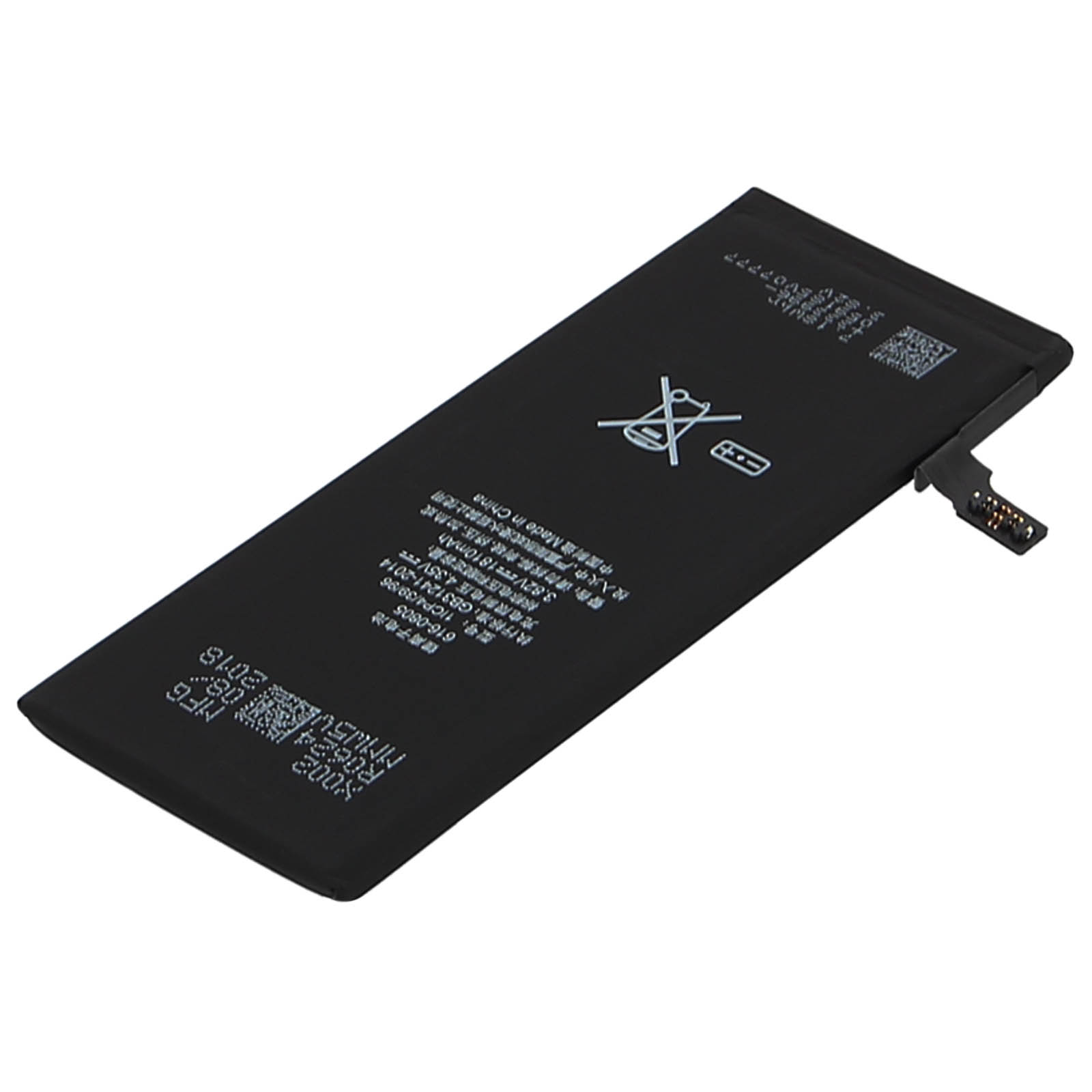 Una batteria rettangolare nera per telefono con etichette è mostrata su sfondo bianco.