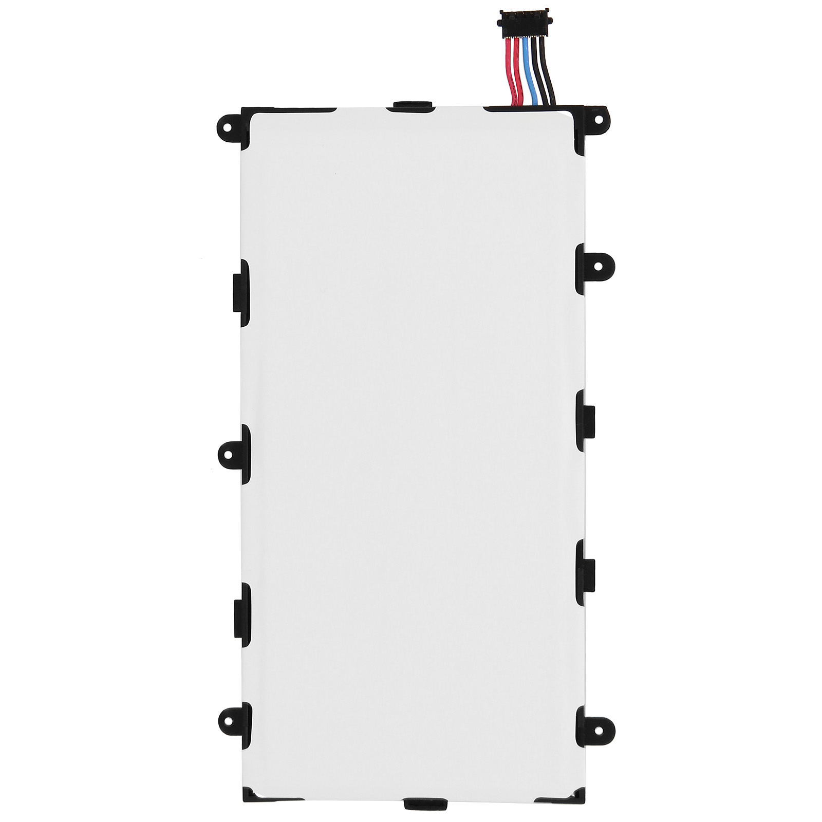Batería de teléfono negra, rectangular con etiquetas. Conectores negros y fondo blanco.