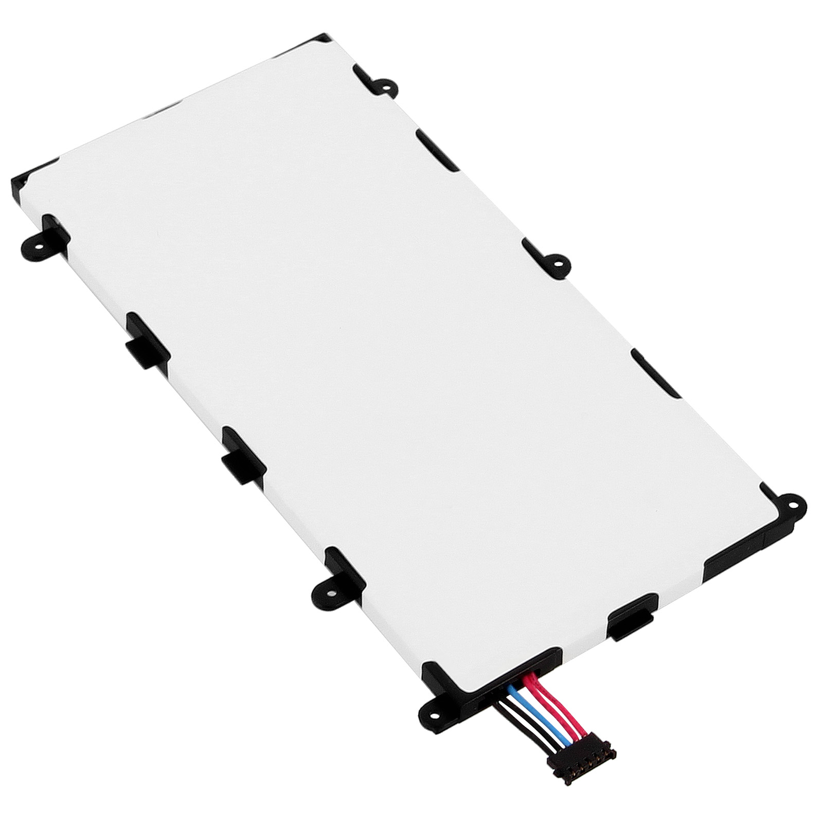 Una batería con plástico negro y un cable blanco y negro. La batería es rectangular y blanca.