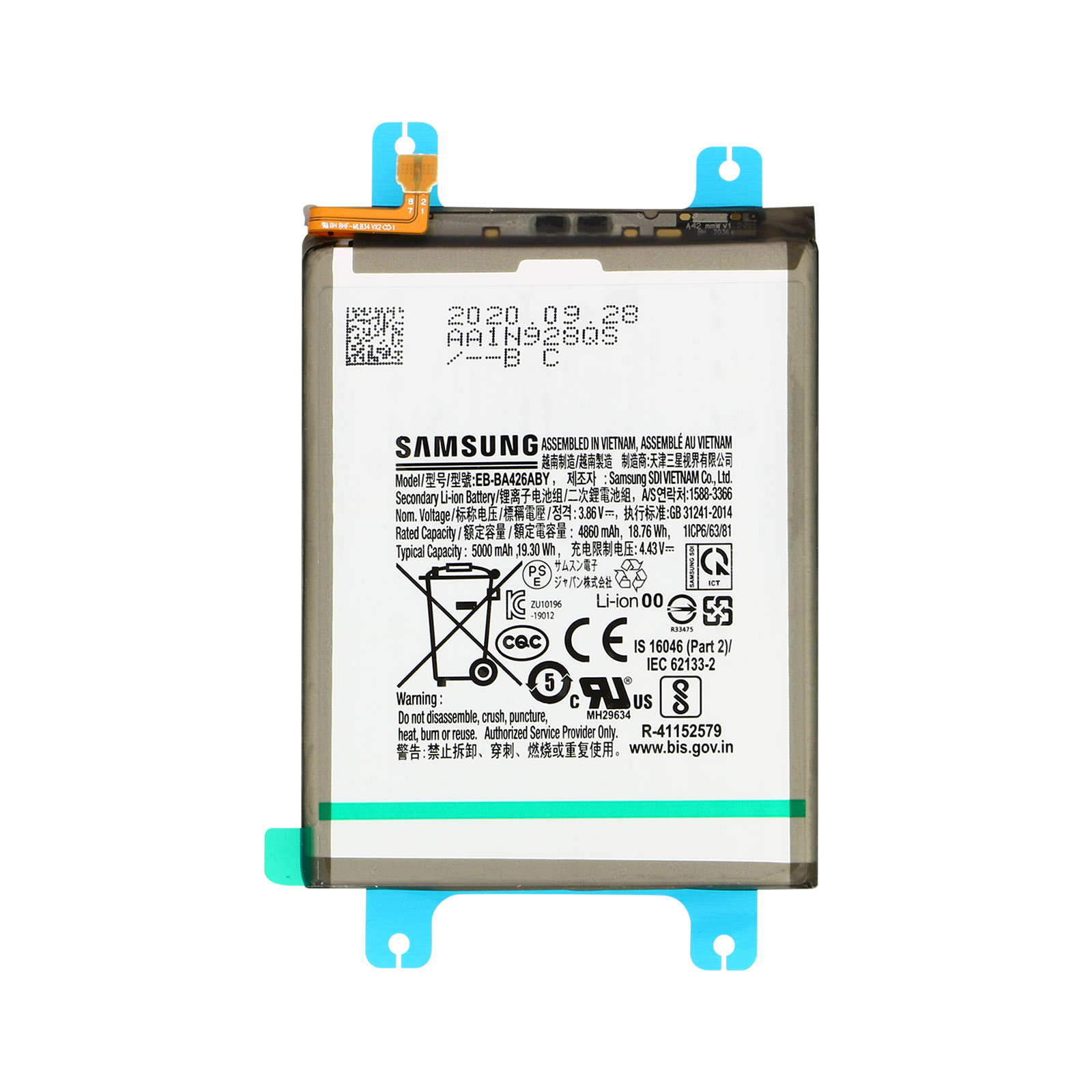 Una batteria rettangolare con testo e simboli. Ha connettori blu sopra e sotto.