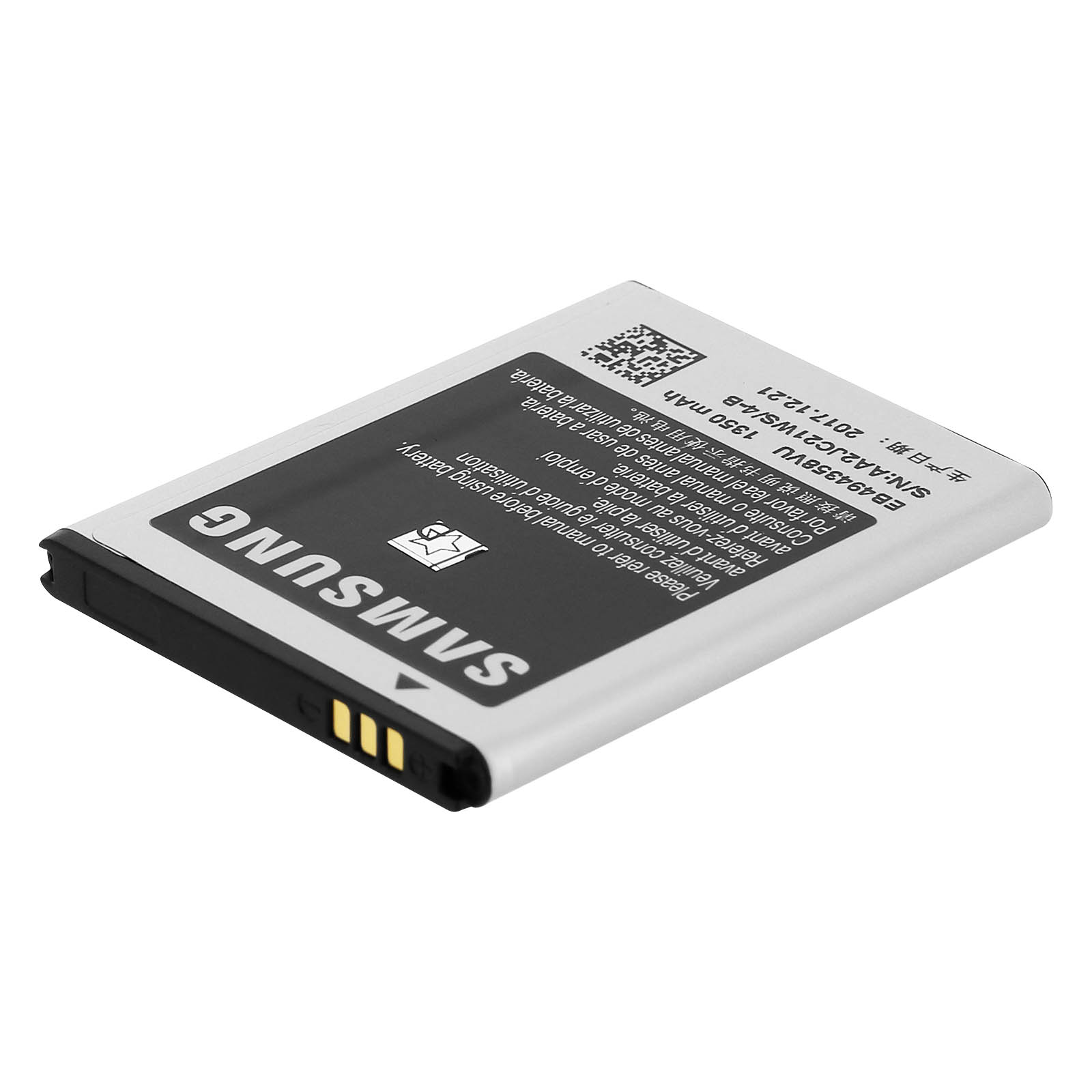 Batteria del telefono con etichette su sfondo bianco. La batteria è bianca e ha etichette di testo.