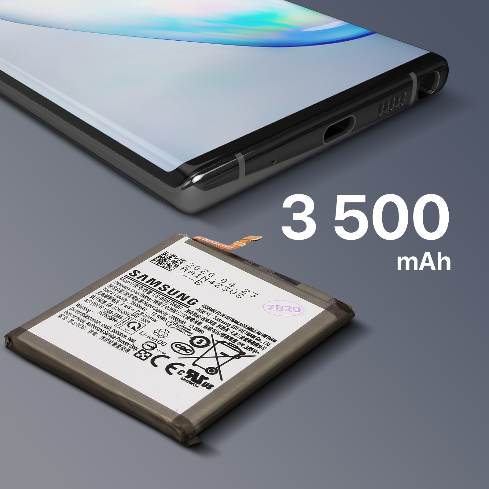 Ein Telefon und eine Batterie mit dem Text '3500 mAh'. Das Telefon ist schwarz und blau.