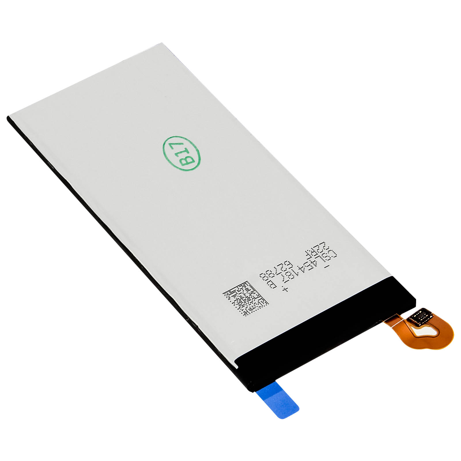 Batterie de téléphone blanche avec texte et un cercle vert. Fond blanc.