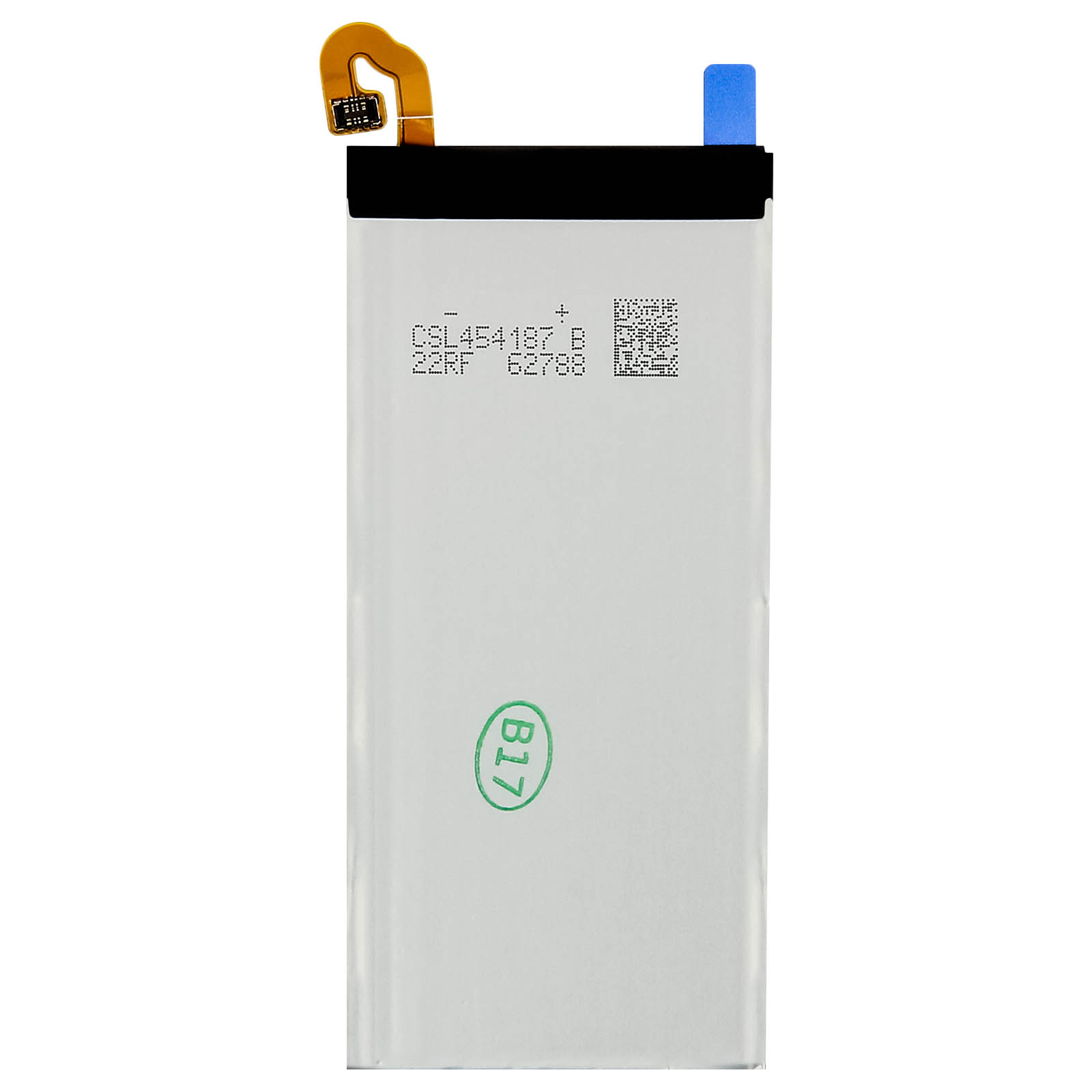 Une batterie blanche avec du texte et un cercle vert B17. Connecteur noir et or en haut.