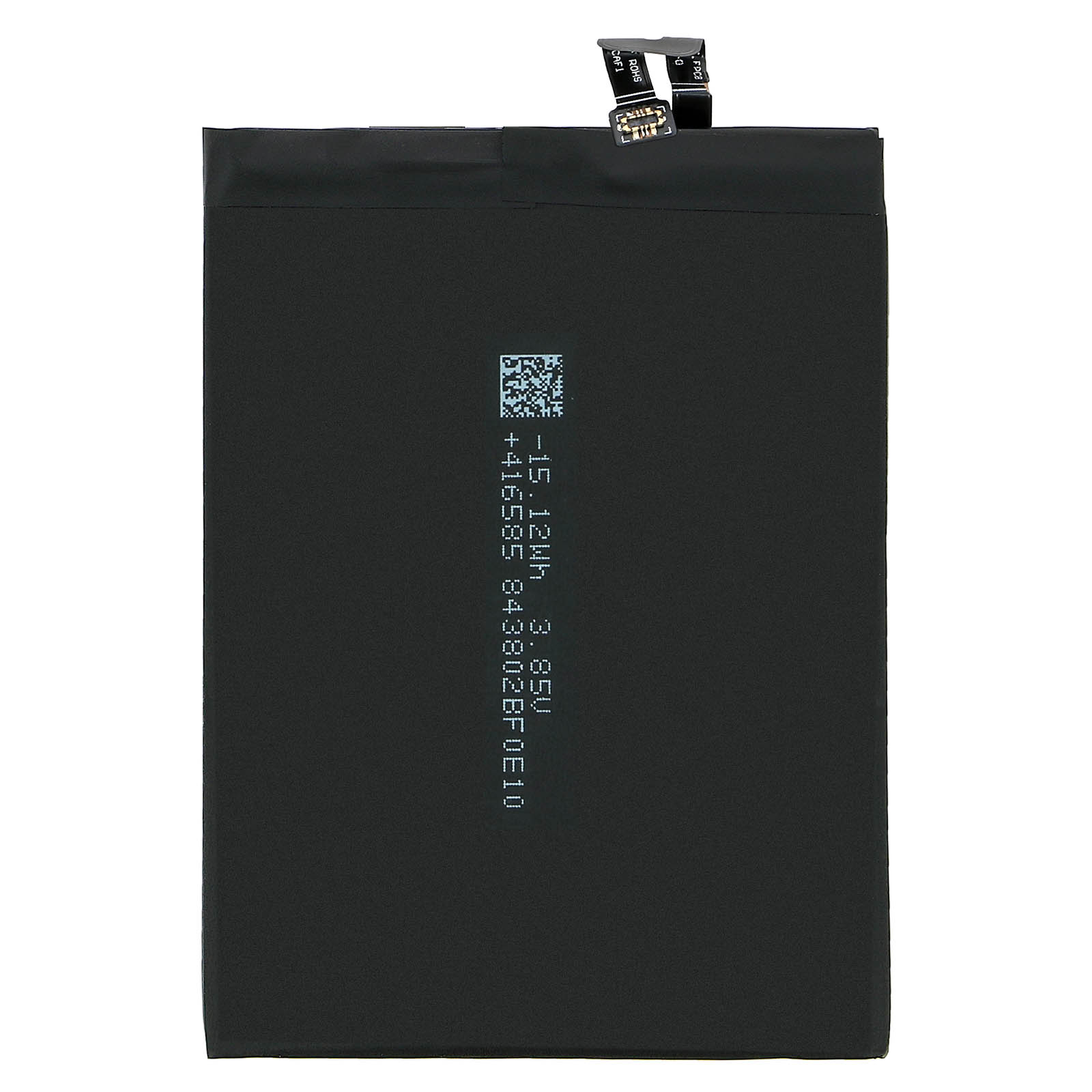 Batteria nera con testo, numeri e un codice QR. È rettangolare. Lo sfondo è bianco.