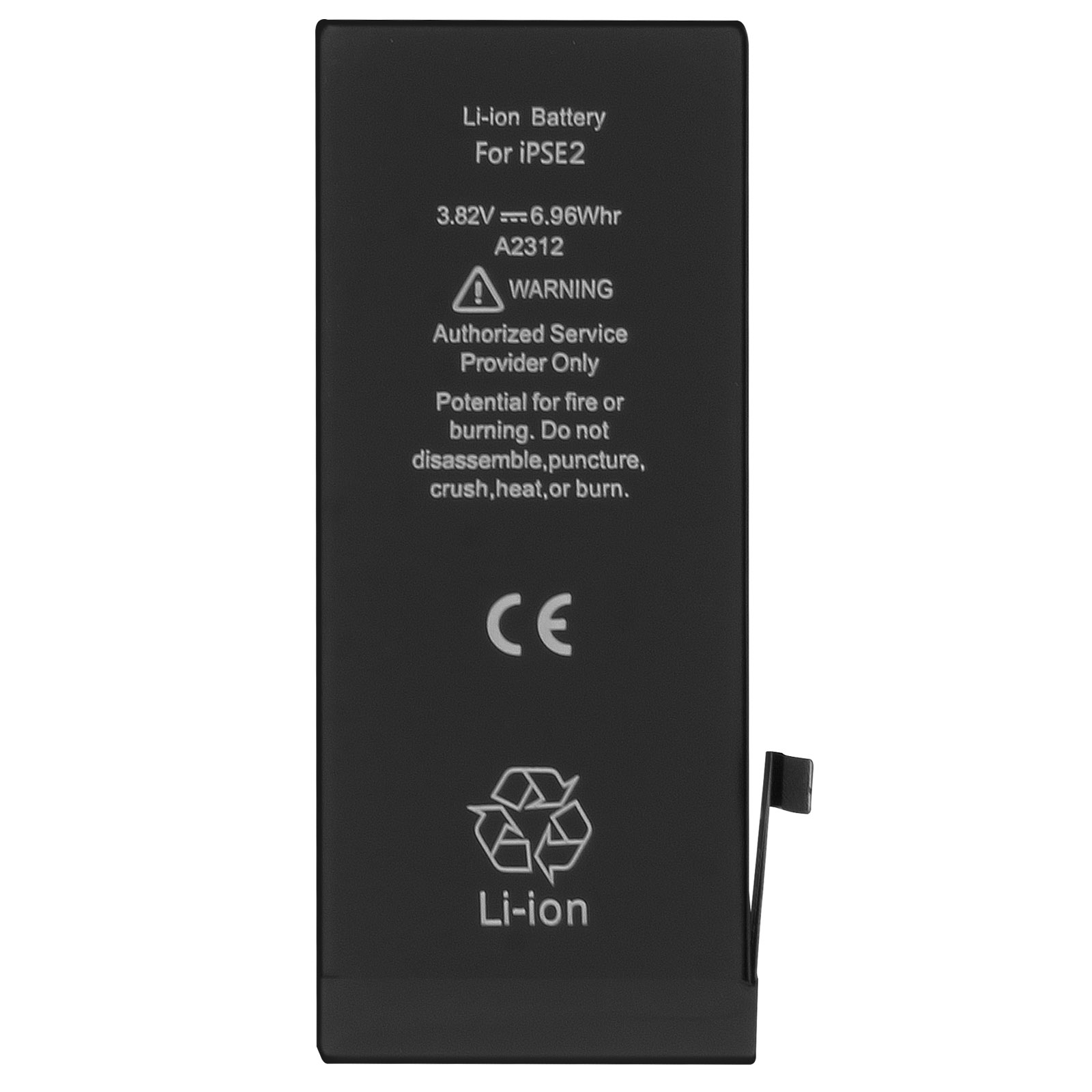 Batteria Li-ion nera con testo di avvertimento e marchio CE. Con simbolo di riciclaggio e connettore.