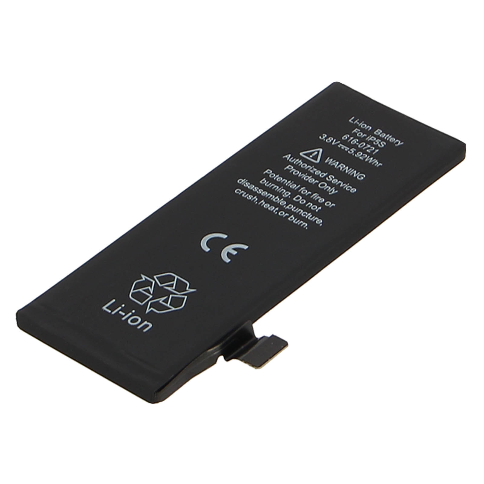Una batteria nera con testo e simboli. Ha il logo Li-ion ed etichette di avvertimento.