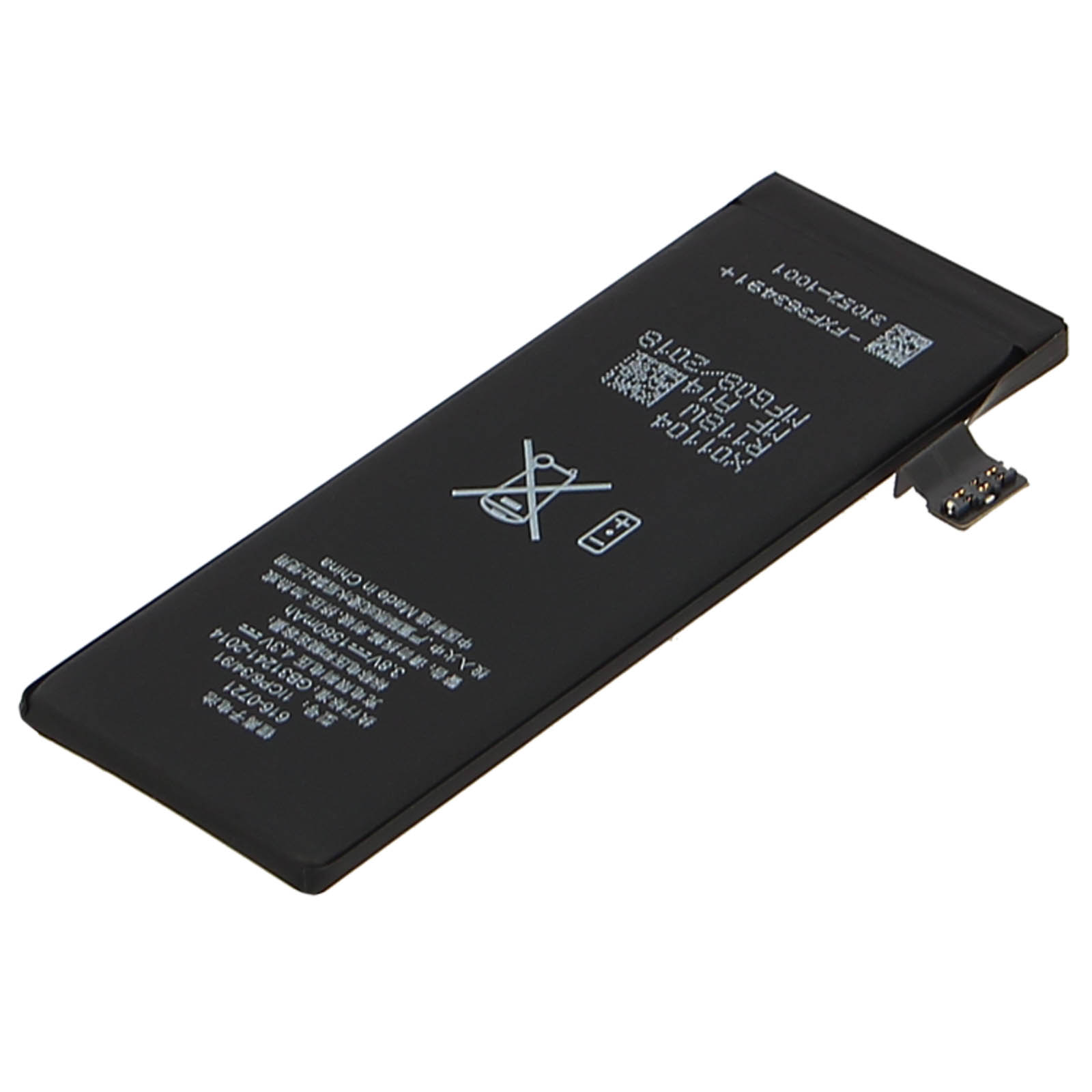 Batteria del telefono con testo e simboli. La batteria è su una superficie bianca.