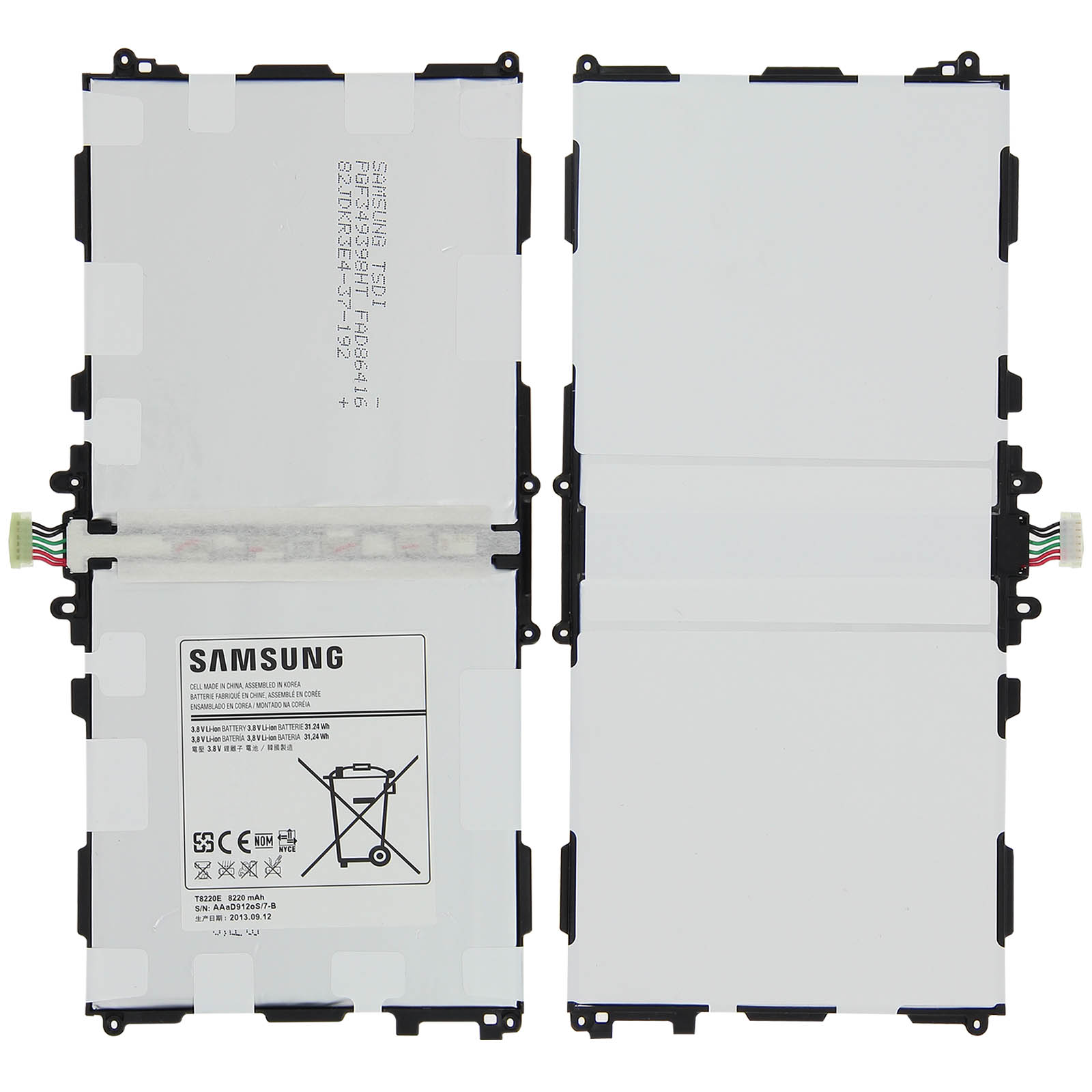 Deux unités de batterie blanches rectangulaires avec du texte et des symboles, peut-être pour une tablette, avec des connecteurs.