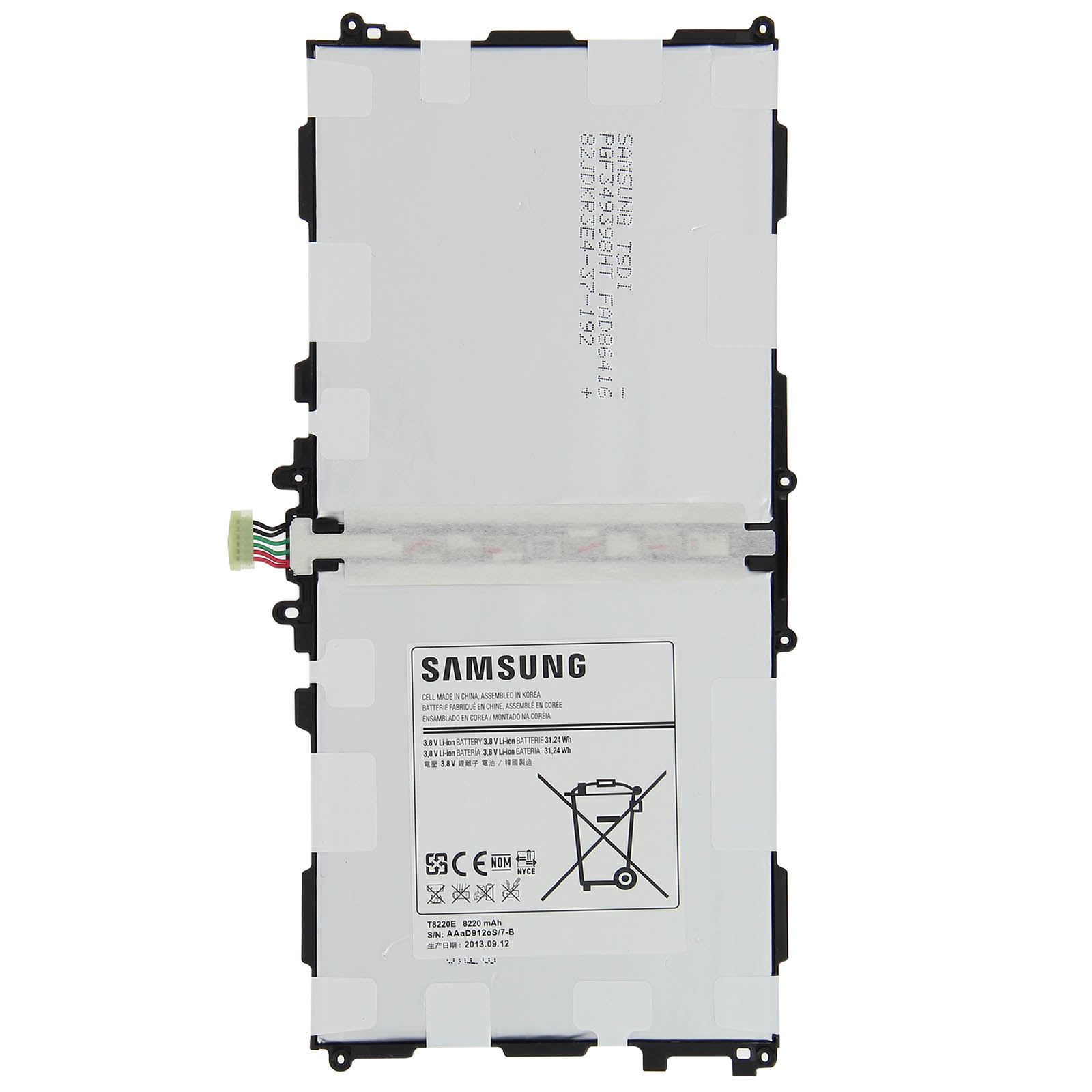 Une batterie de tablette Samsung noire et rectangulaire avec étiquettes et connecteurs.
