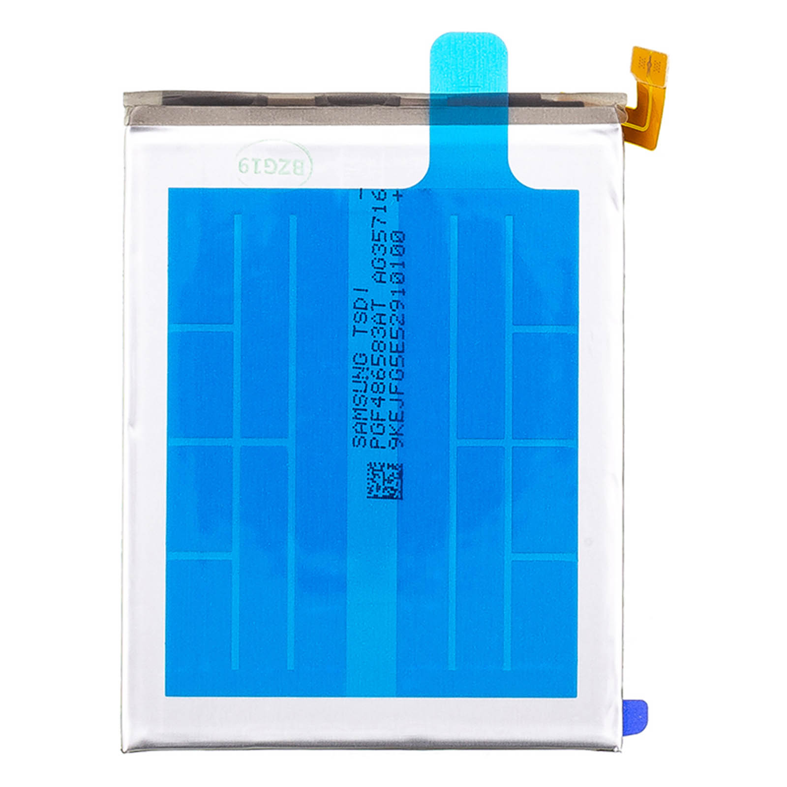 Rechteckige Telefonbatterie mit blauem Etikett. Samsung-Branding, weiß und blau.