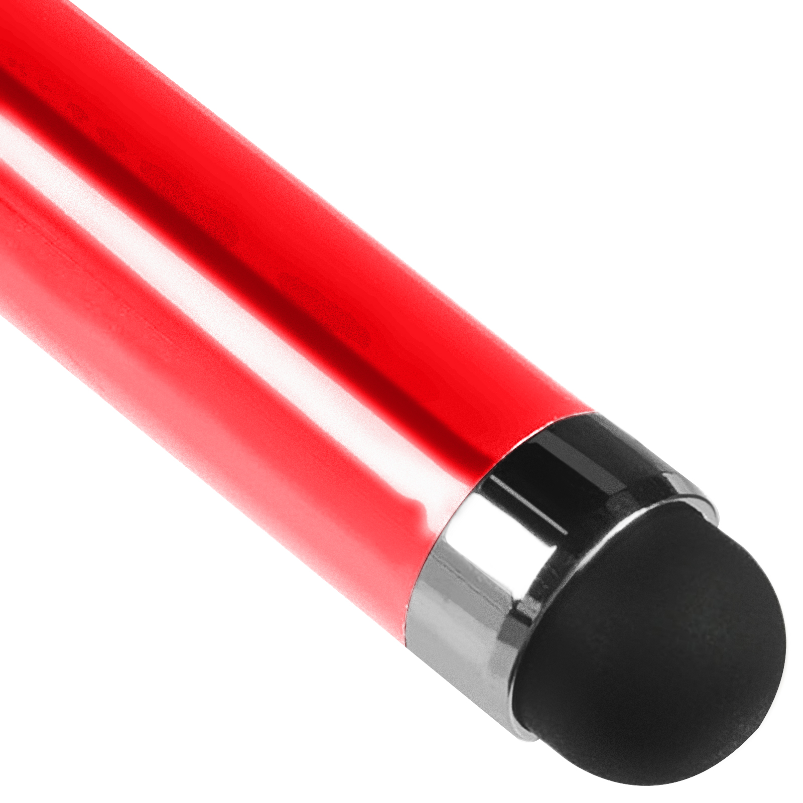 Una penna stilo rossa con punta nera. La penna è mostrata su sfondo bianco.