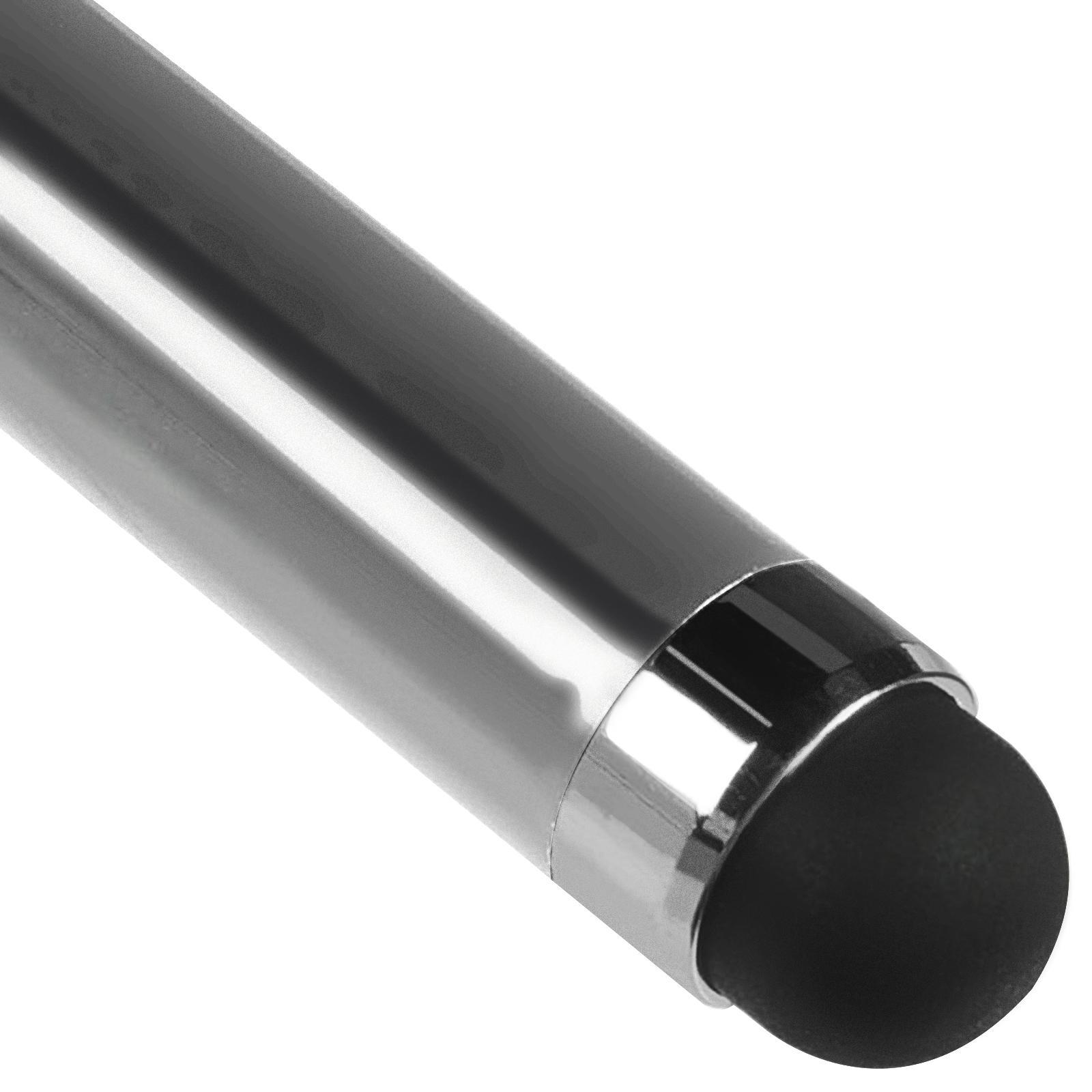 Un primo piano di una penna stilo argentata con una punta nera e arrotondata.