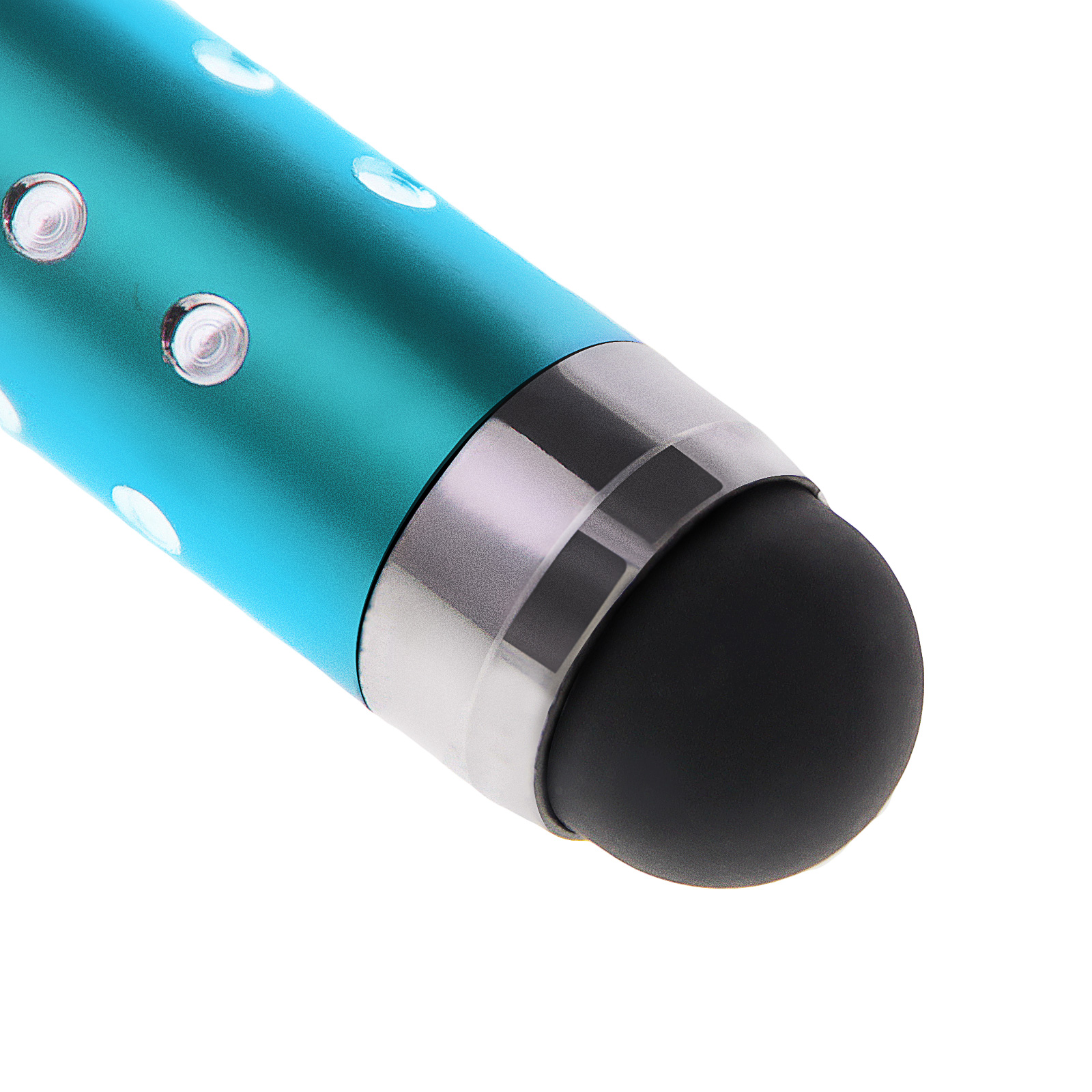 Ein blauer Stift mit weißen Punkten. Das Ende hat eine schwarze Gummispitze.