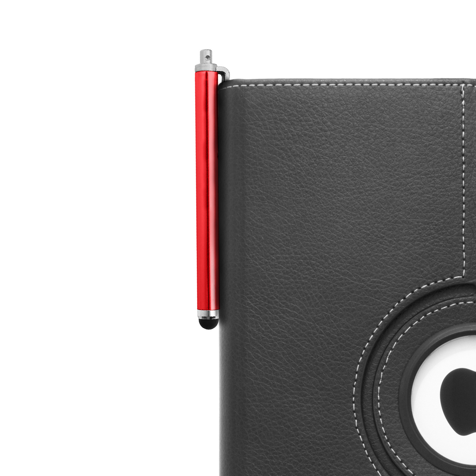 Una penna stilo rossa inserita in una custodia per tablet nera. Il tablet è su una superficie bianca.