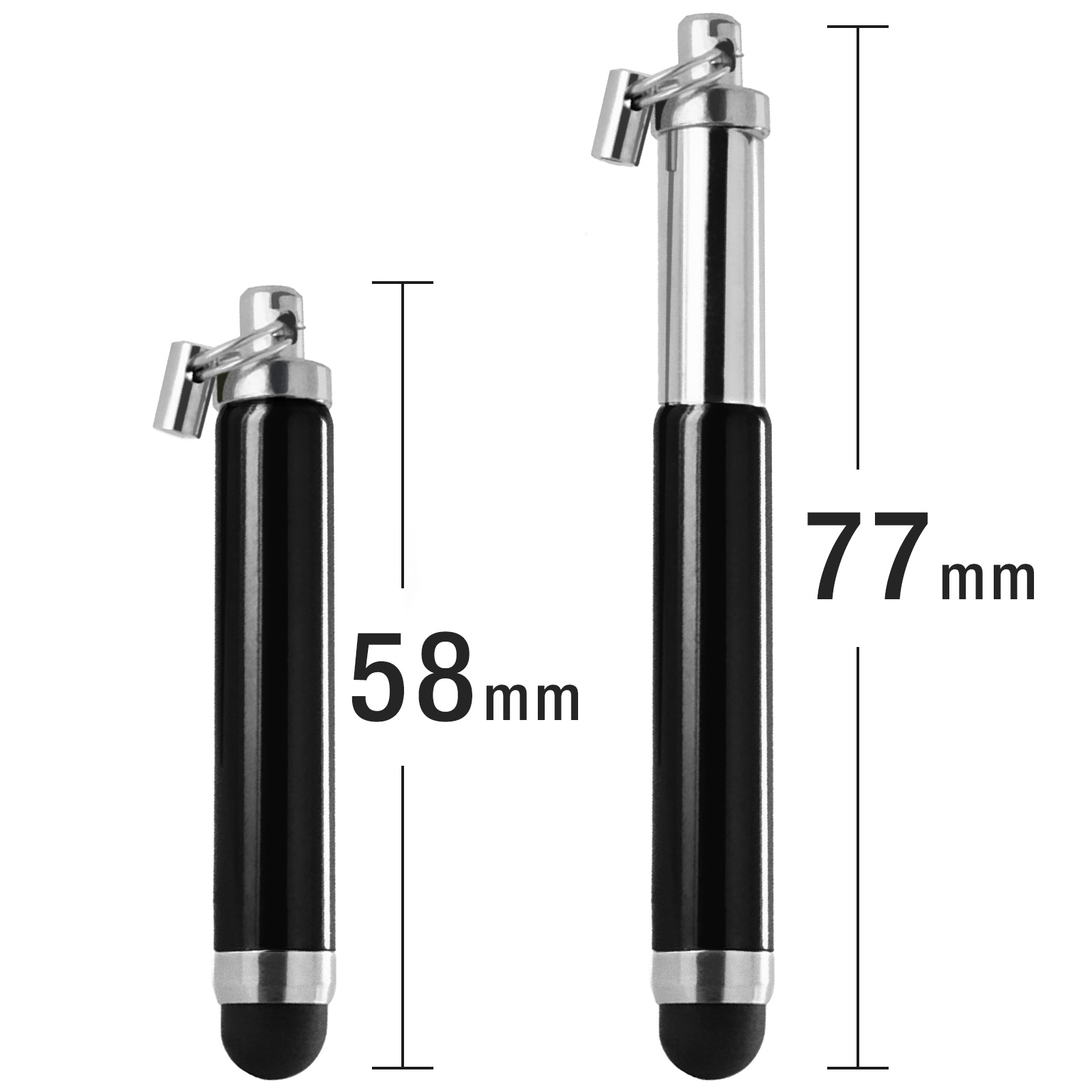 Due stilo neri con dettagli argentati e portachiavi. Uno è 58 mm, l'altro 77 mm, su sfondo bianco.
