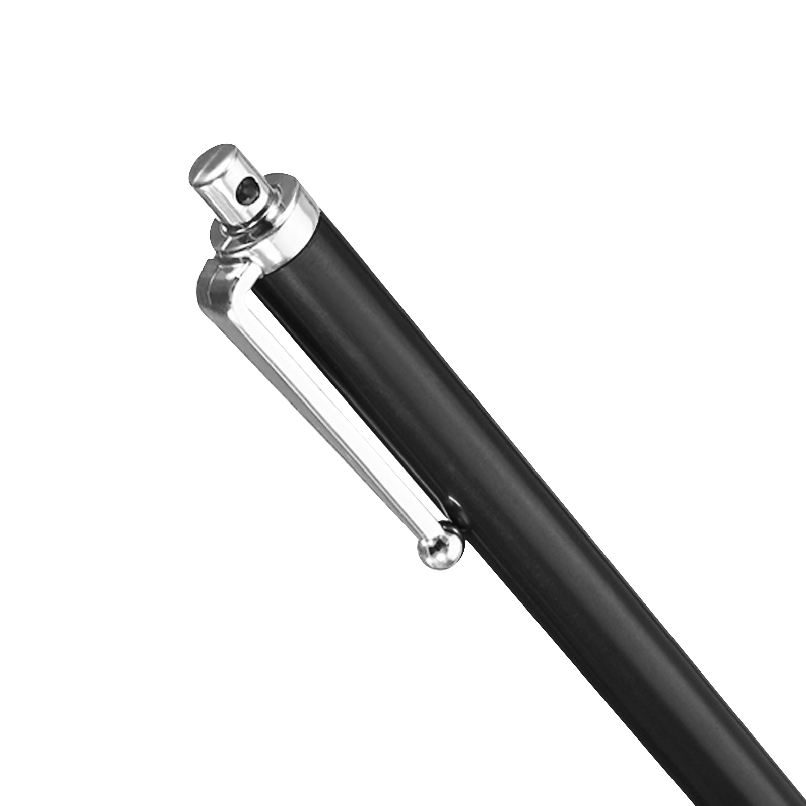 Una penna stilo nera con clip argentata e sfondo bianco.
