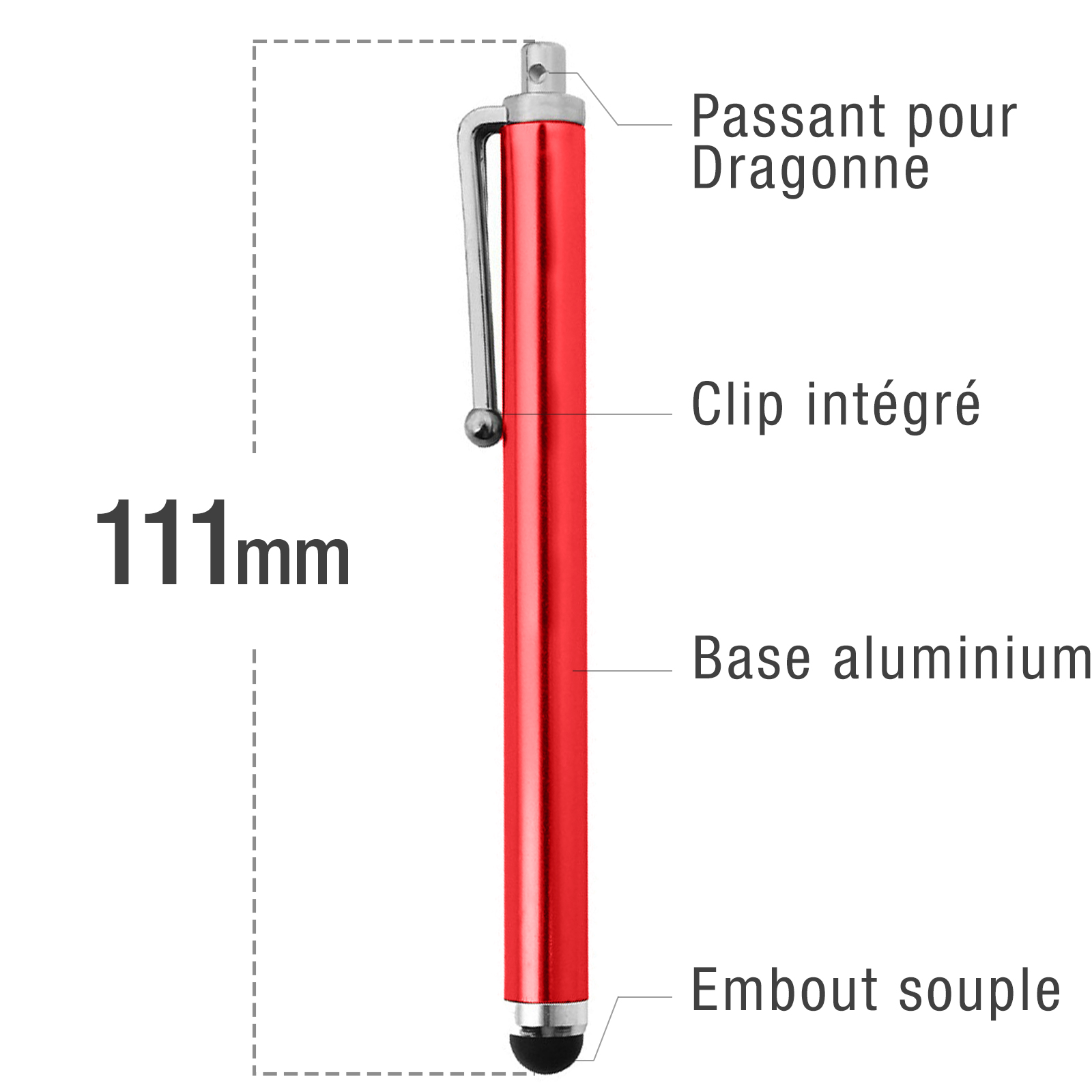 Una penna stilo rossa con etichette e misure visualizzate.