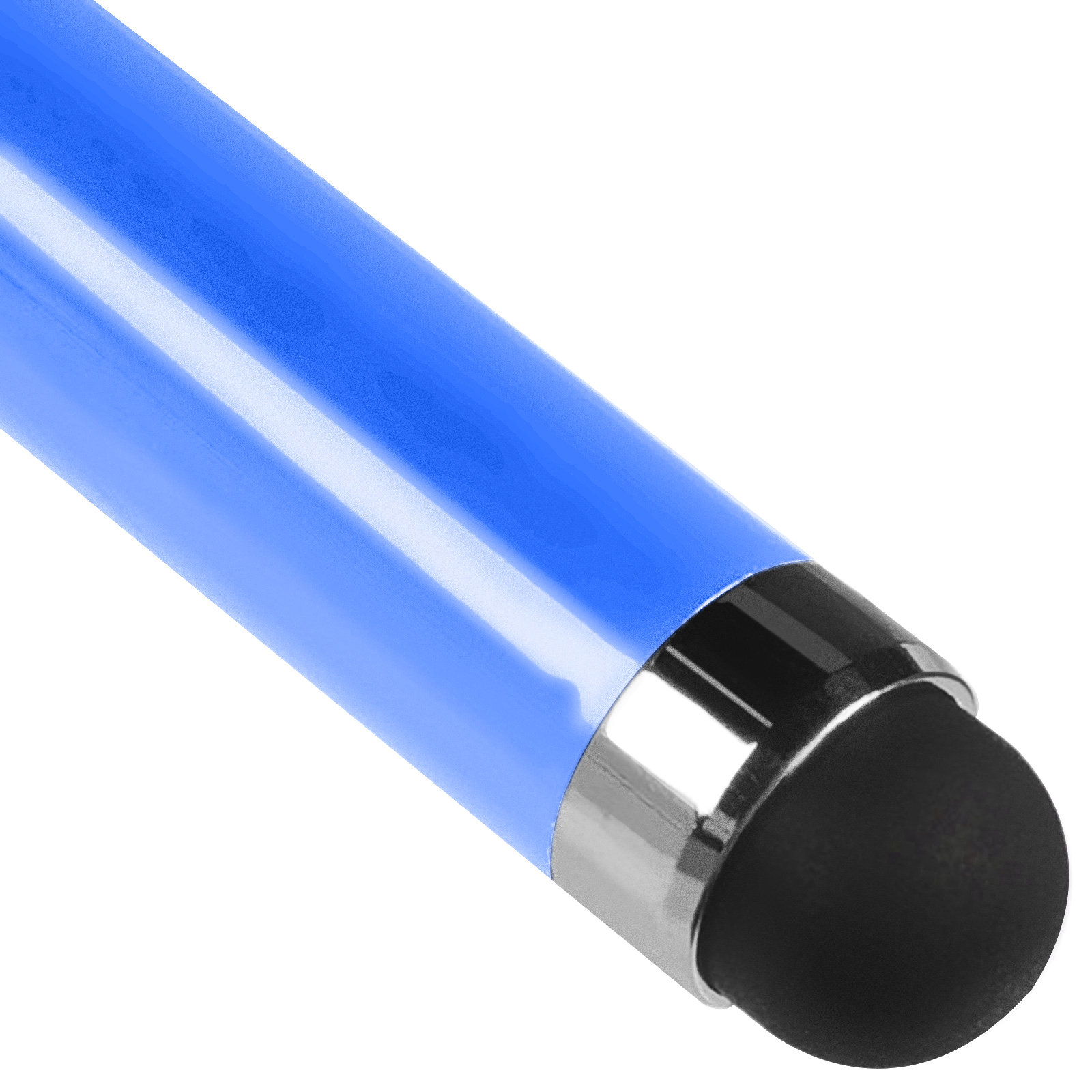 Blauer Eingabestift mit schwarzer Spitze. Die Spitze berührt den weißen Hintergrund.