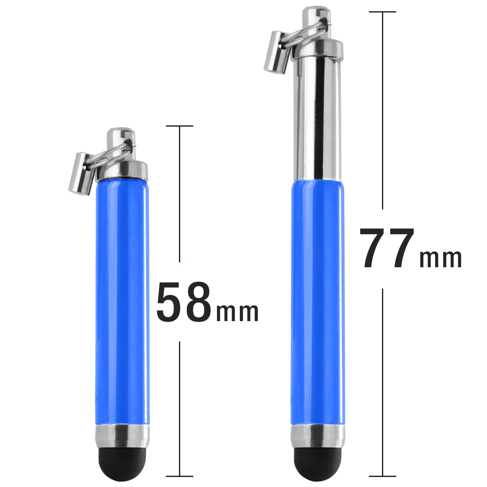 Zwei blaue Stifte mit silbernen Oberteilen und schwarzen Spitzen, mit Größenangaben in mm.