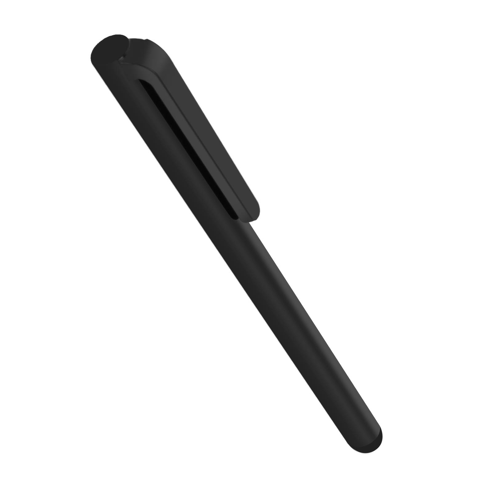Schwarzer Stift mit Clip. Der Stift ist diagonal vor weißem Hintergrund angeordnet.