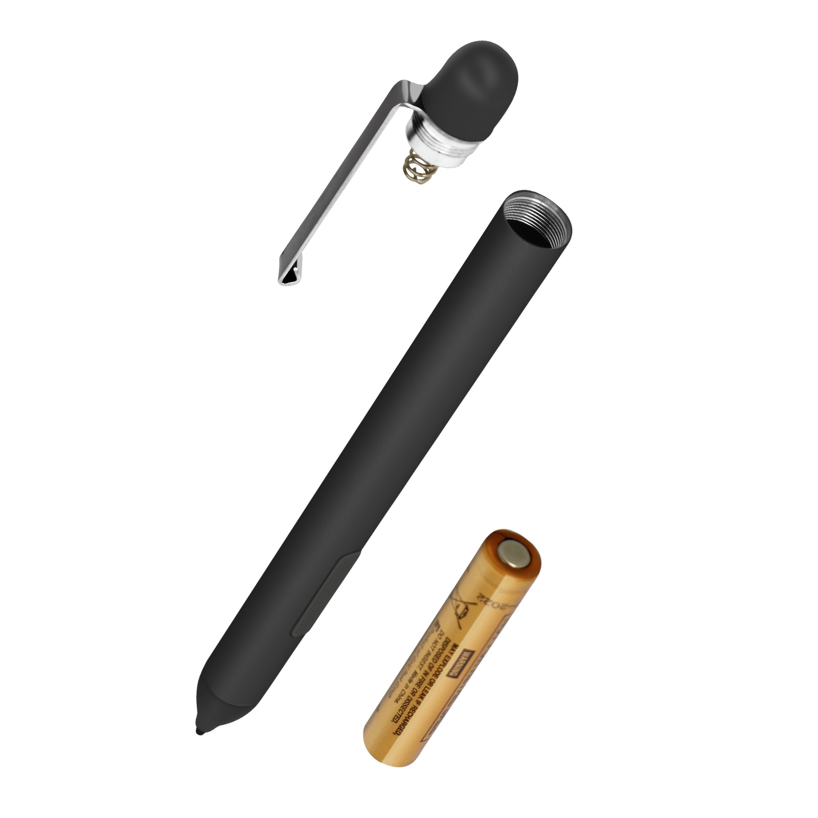 Zerlegter schwarzer Stift mit goldener Batterie. Weißer Hintergrund.