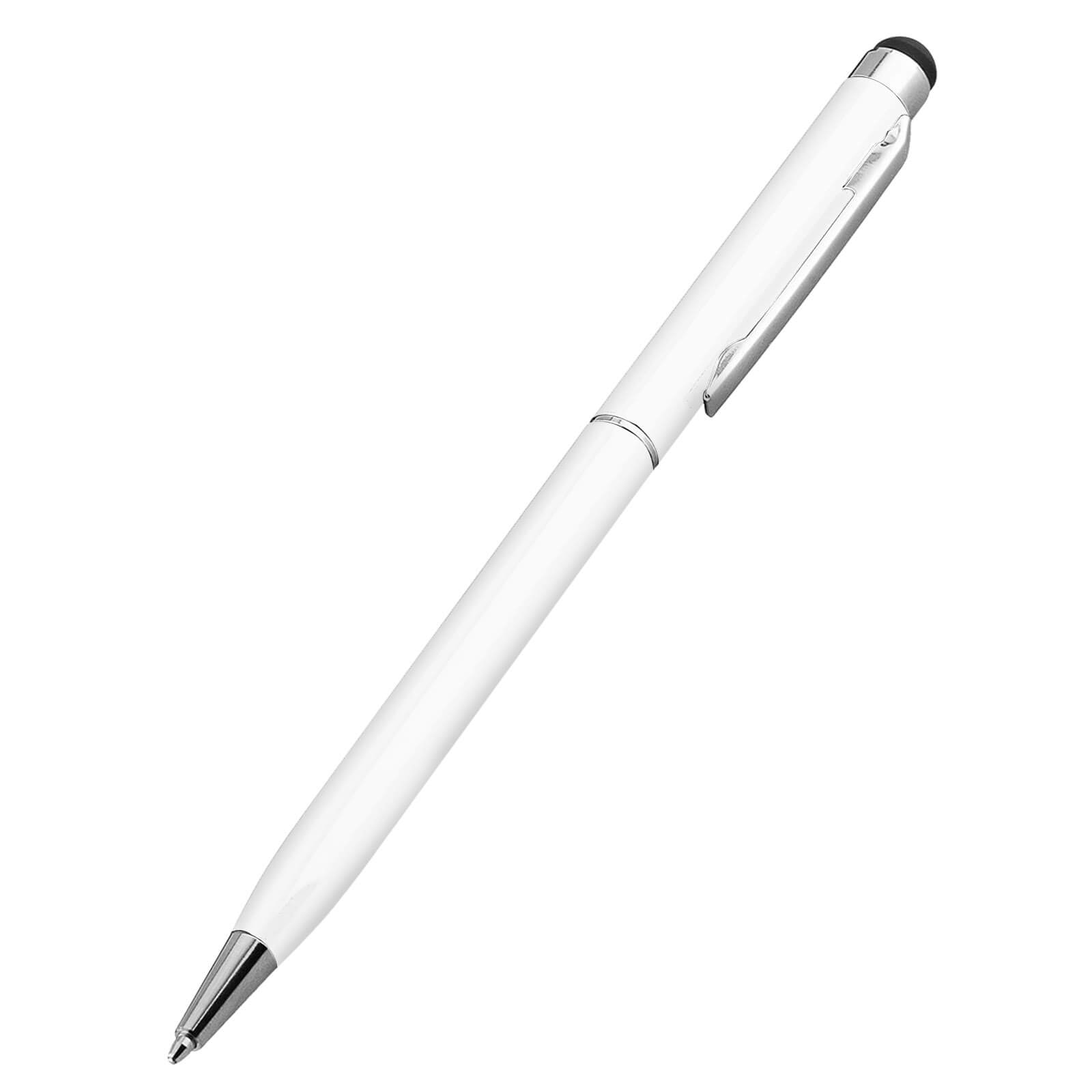 Ein weißer Eingabestift mit silbernem Clip und schwarzer Spitze. Er liegt auf weißem Untergrund.