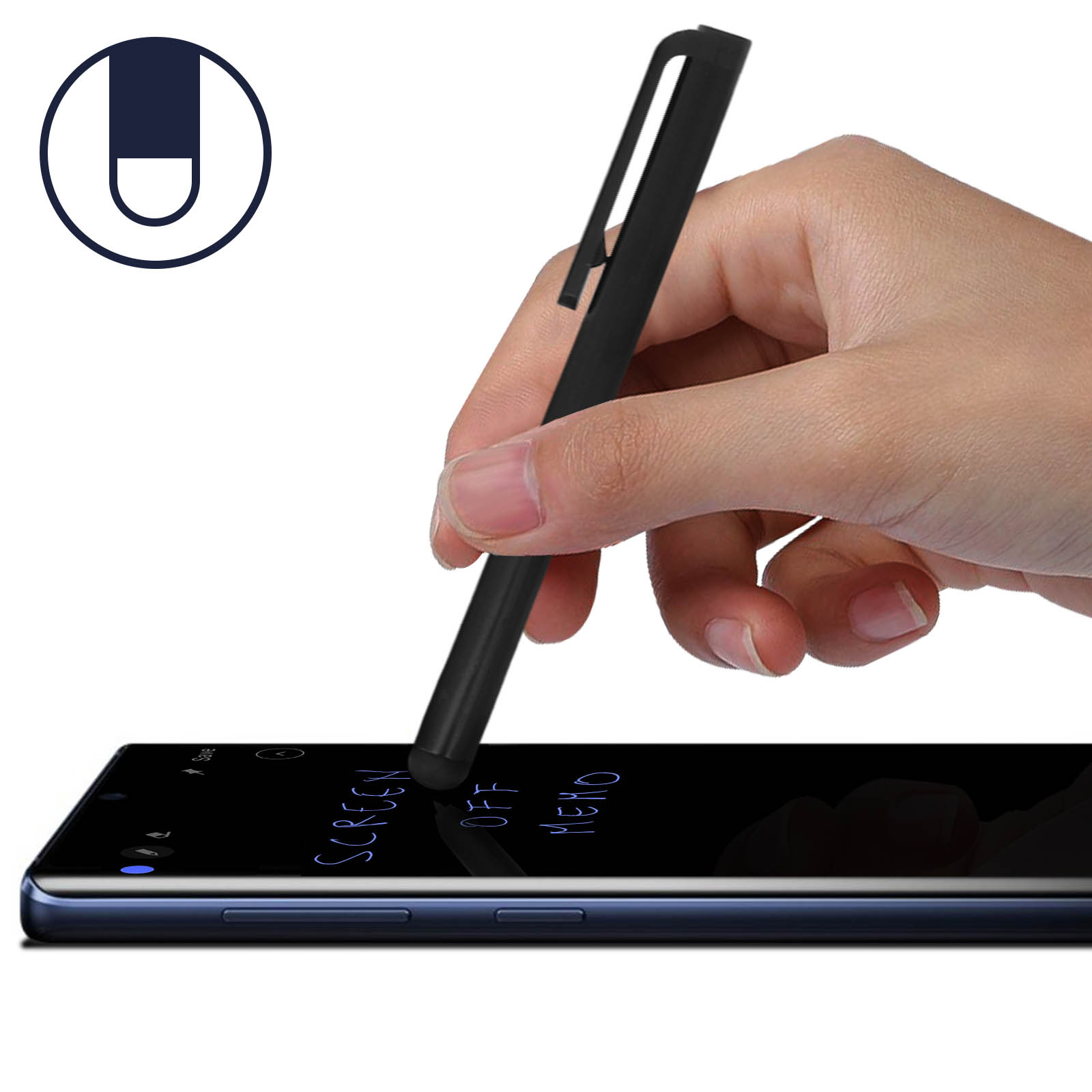 Hand hält einen schwarzen Stift über einem Smartphone-Bildschirm. Bildschirm zeigt Text, Schwarz-Blau-Ton.