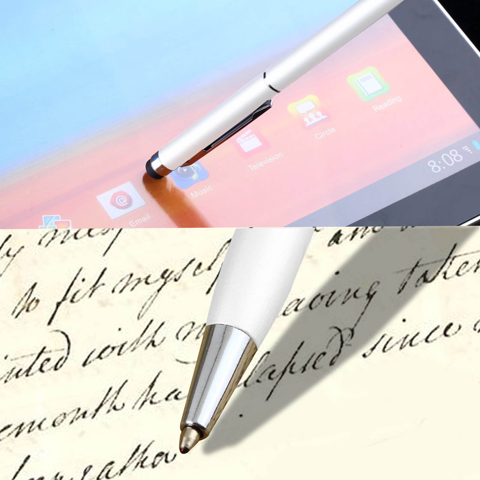 Ein weißer Stift befindet sich über einem Tablet-Bildschirm und einem Papier mit Handschrift.