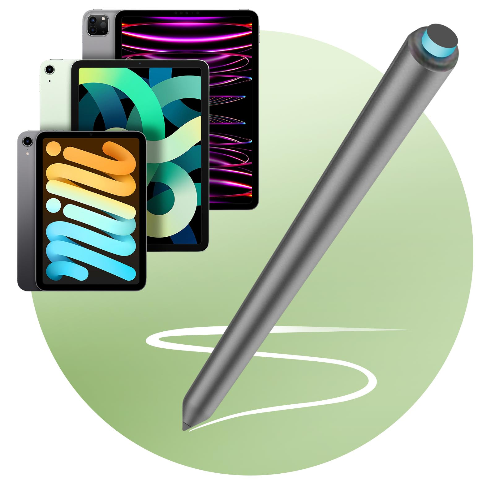 Tablets und ein Eingabestift. Grüner Hintergrund mit einer weißen Linienzeichnung.