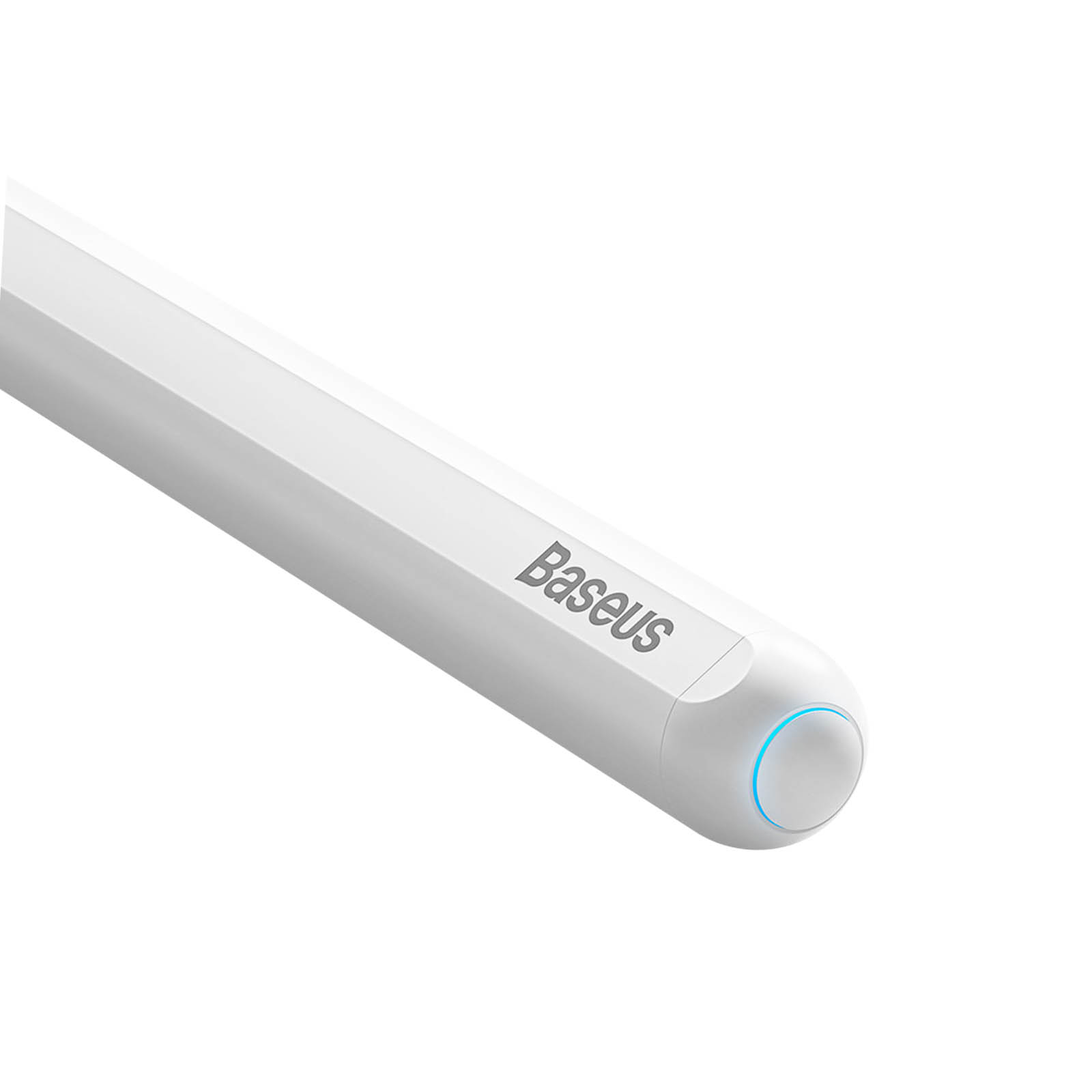 Ein weißer Baseus-Stift. Die Spitze leuchtet blau. Das Wort Baseus ist darauf geschrieben.