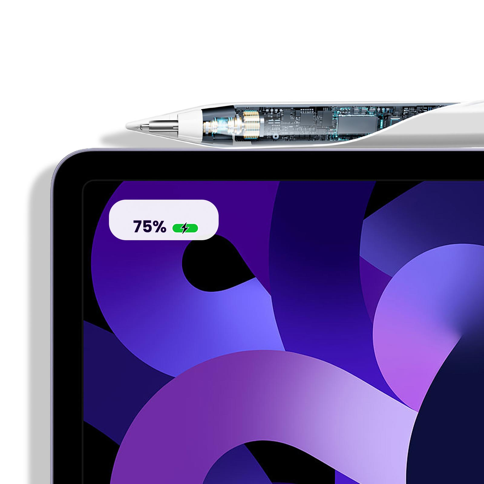Tablet mit Ladeanzeige. Stylus-Stift. Weißer Hintergrund. 75% geladen.