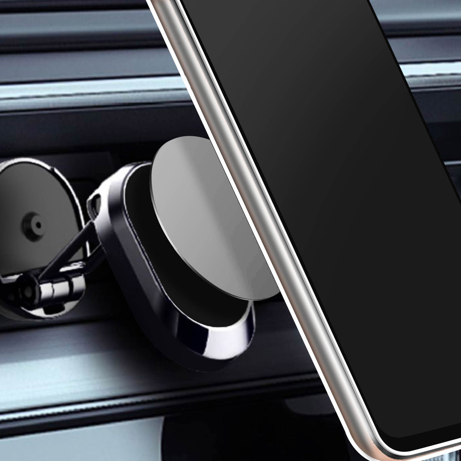 Un telefono montato su una presa d'aria dell'auto con un supporto magnetico. Lo schermo del telefono è nero.