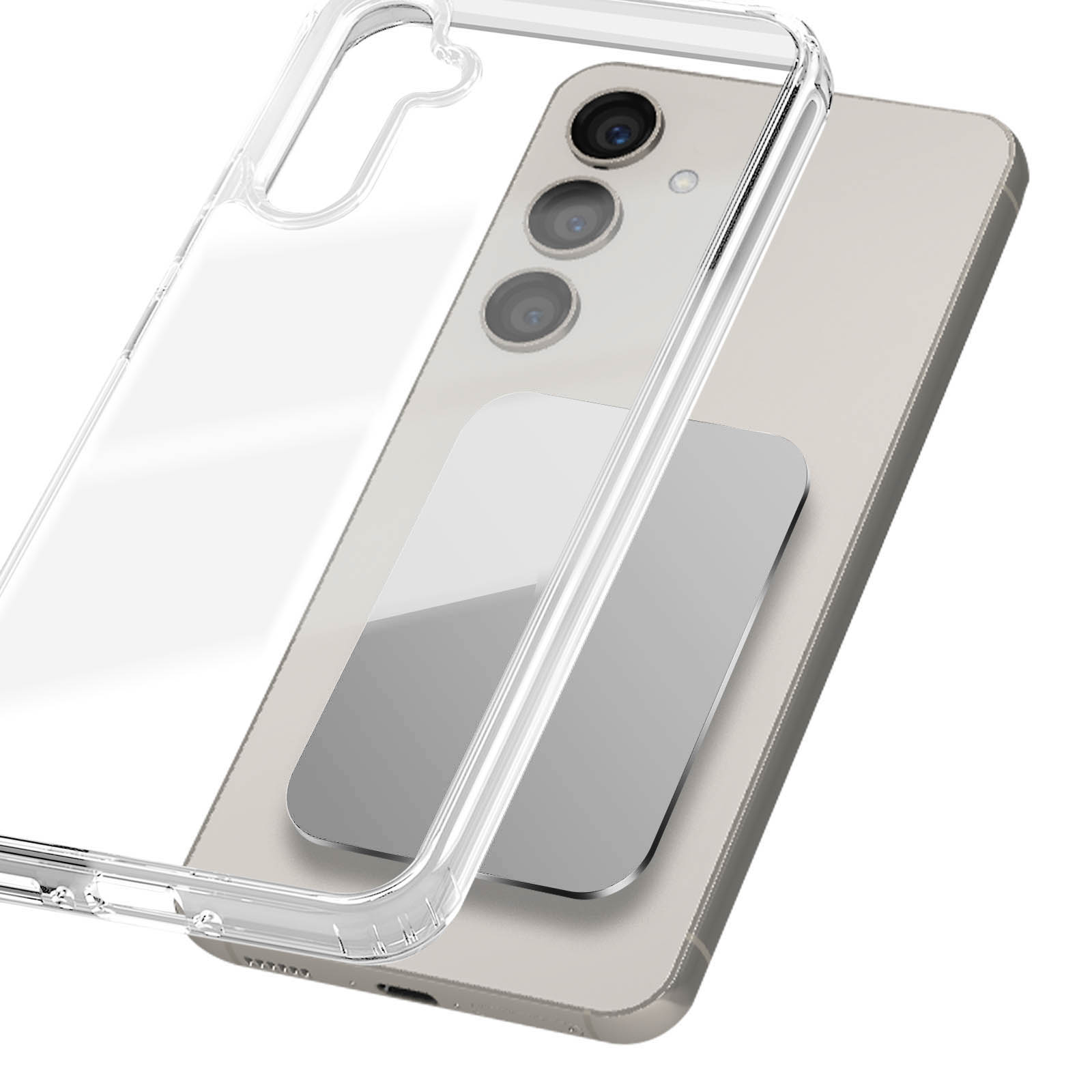 Telefono in custodia trasparente, leggermente angolato, sfondo bianco, vista ravvicinata.