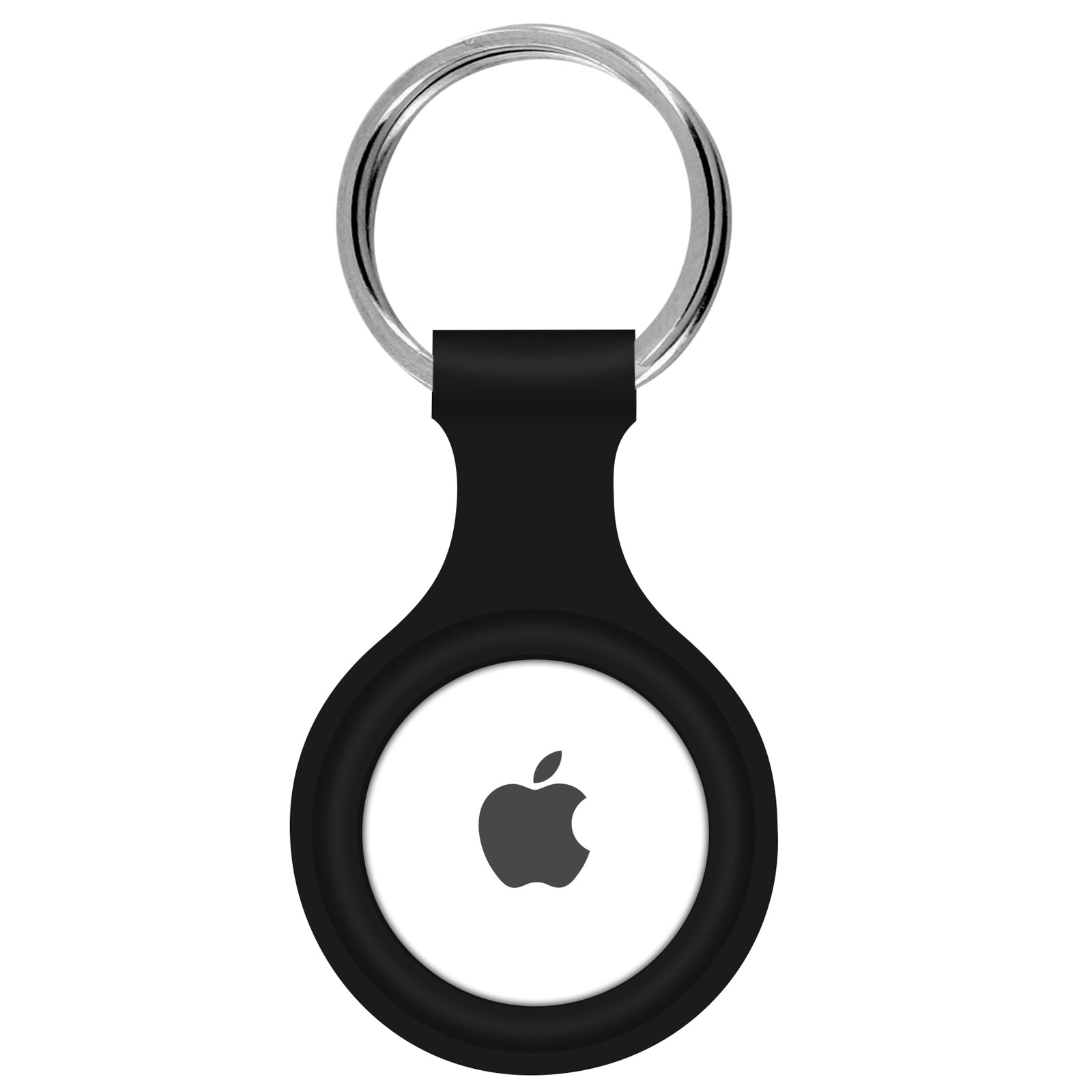 Apple AirTag nero con un portachiavi argentato.